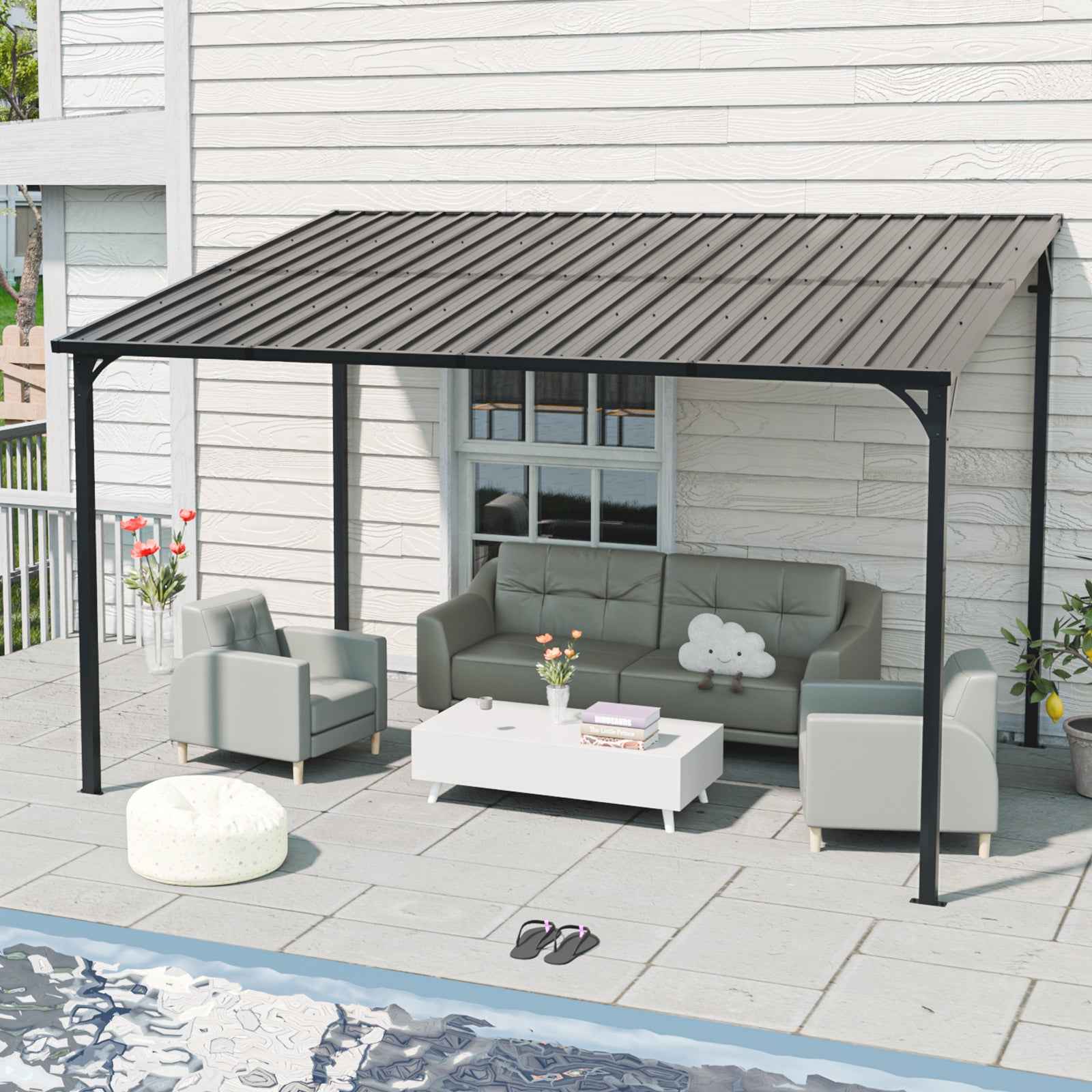 Outdoor Pergola, 12' x 8' Outdoor Pergola for Patio, Large 8x12 Galvanized Steel Lean to Wall-Mounted Pergolas  for outdoor barbecues and family gatherings