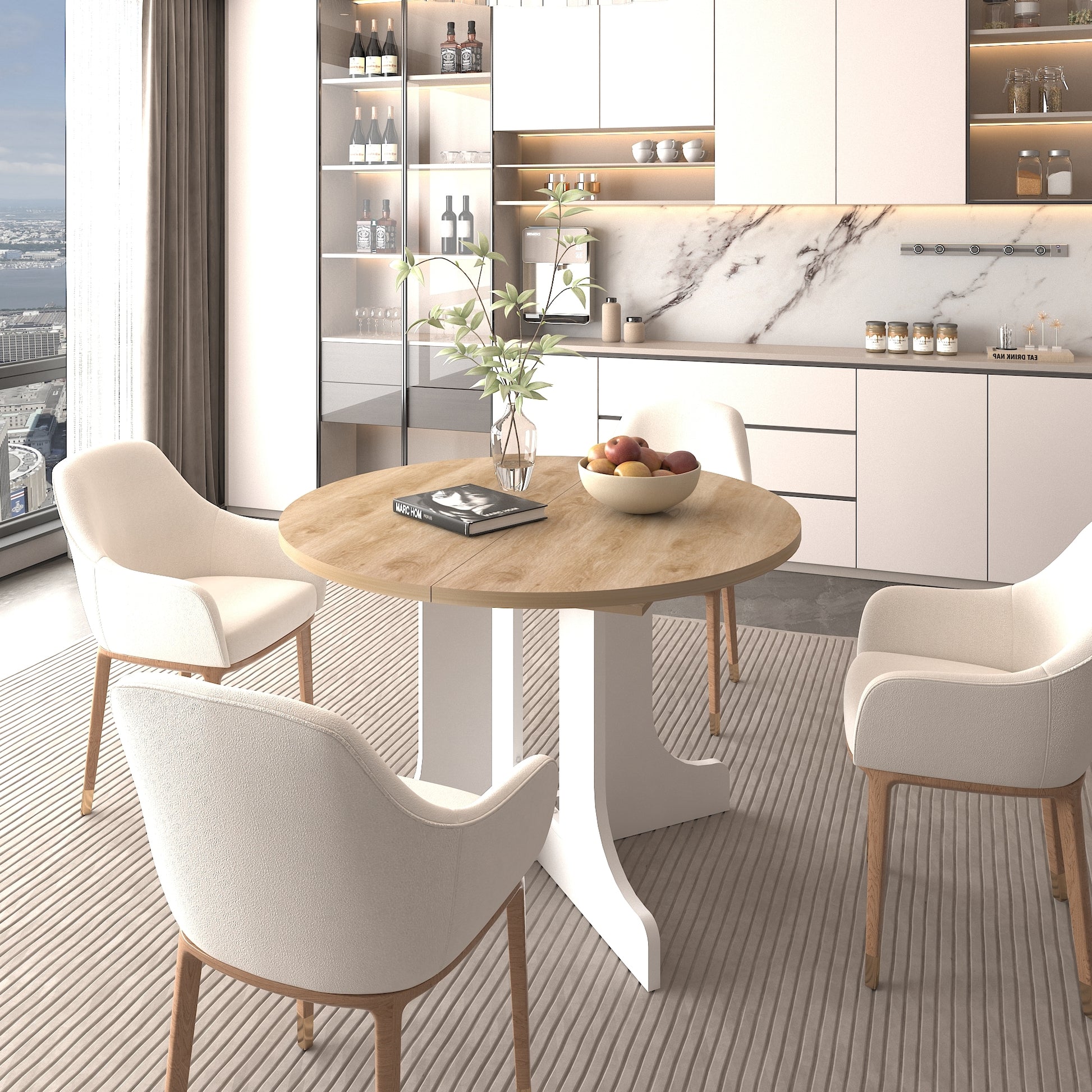 Dining Table for Farmhouse Kitchen 59x43 Inch Expandable Oval Table Top with Removable Leaf Trestle X Shaped Base White - Abrihome