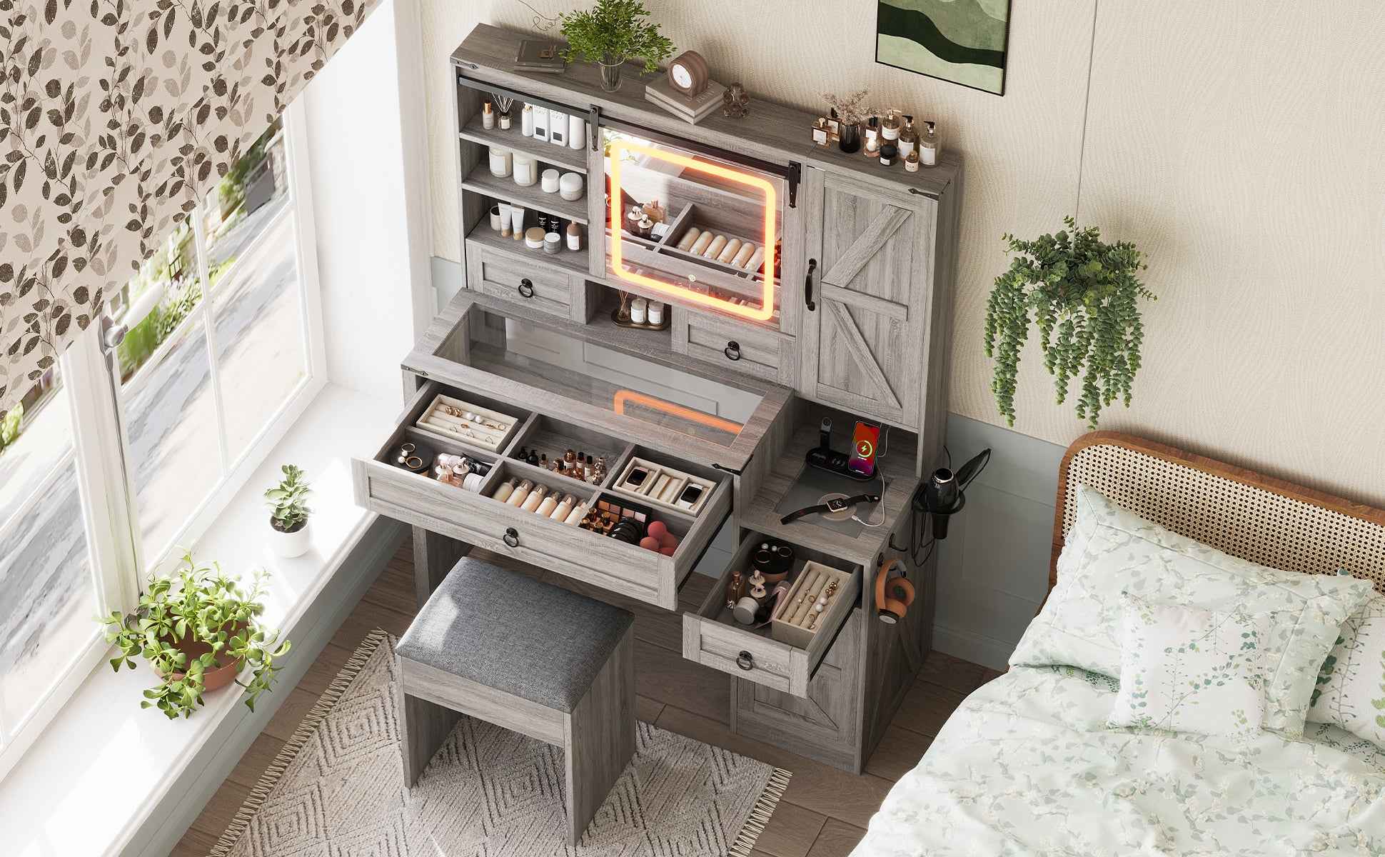 Farmhouse Vanity Desk with Sliding Mirror and Lights, Vanity Set with Glass Top and Charging Station ,Dressing Table with 4 Drawers and 2 Cabinets, Dressing Table with Stool for Bedroom, Gray