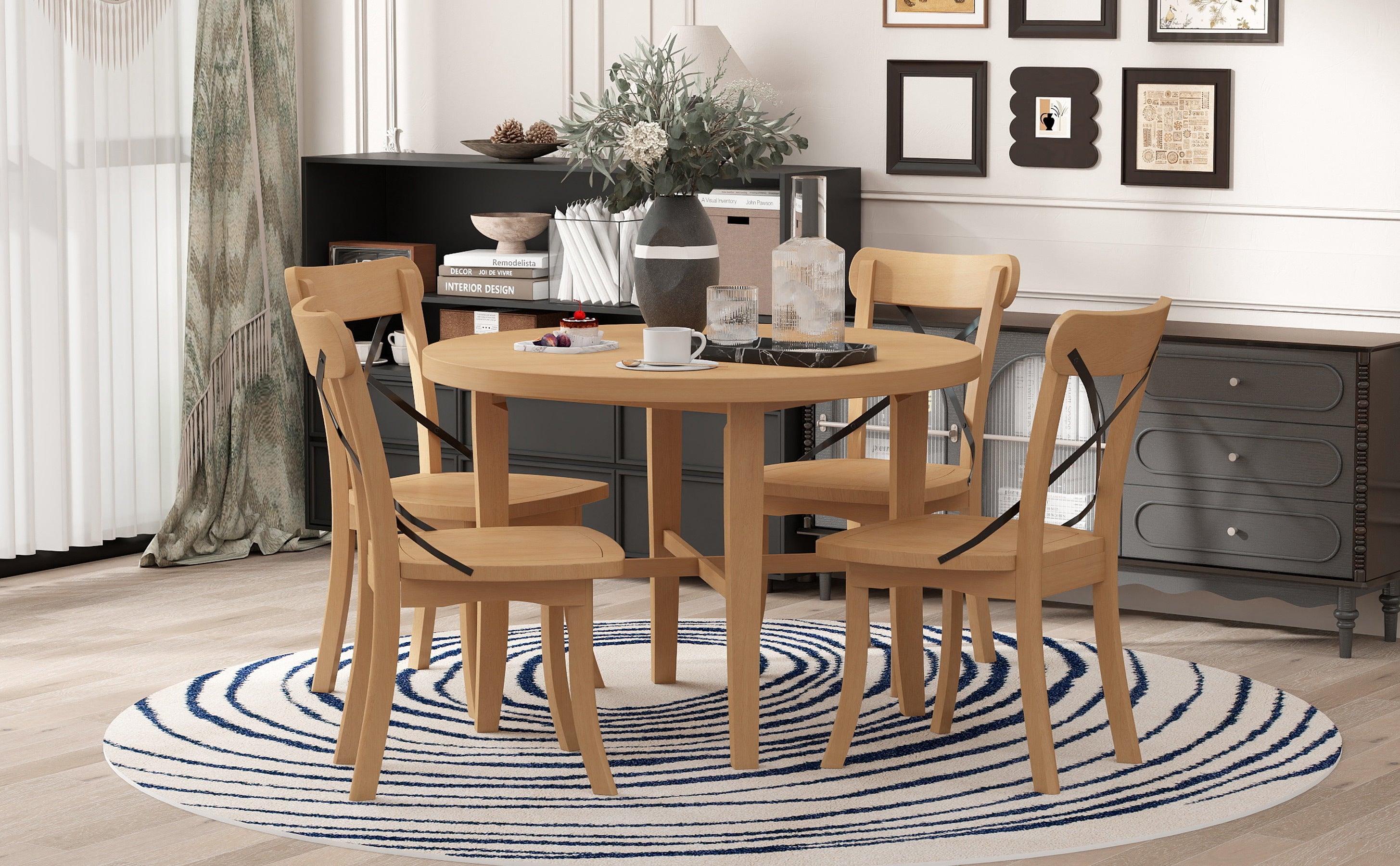 TREXM 5-piece Dining Set, Retro Simple Round Table and 4 Chairs with X-shaped Backrest for Kitchen, Dining Room and Living Room (Natural)