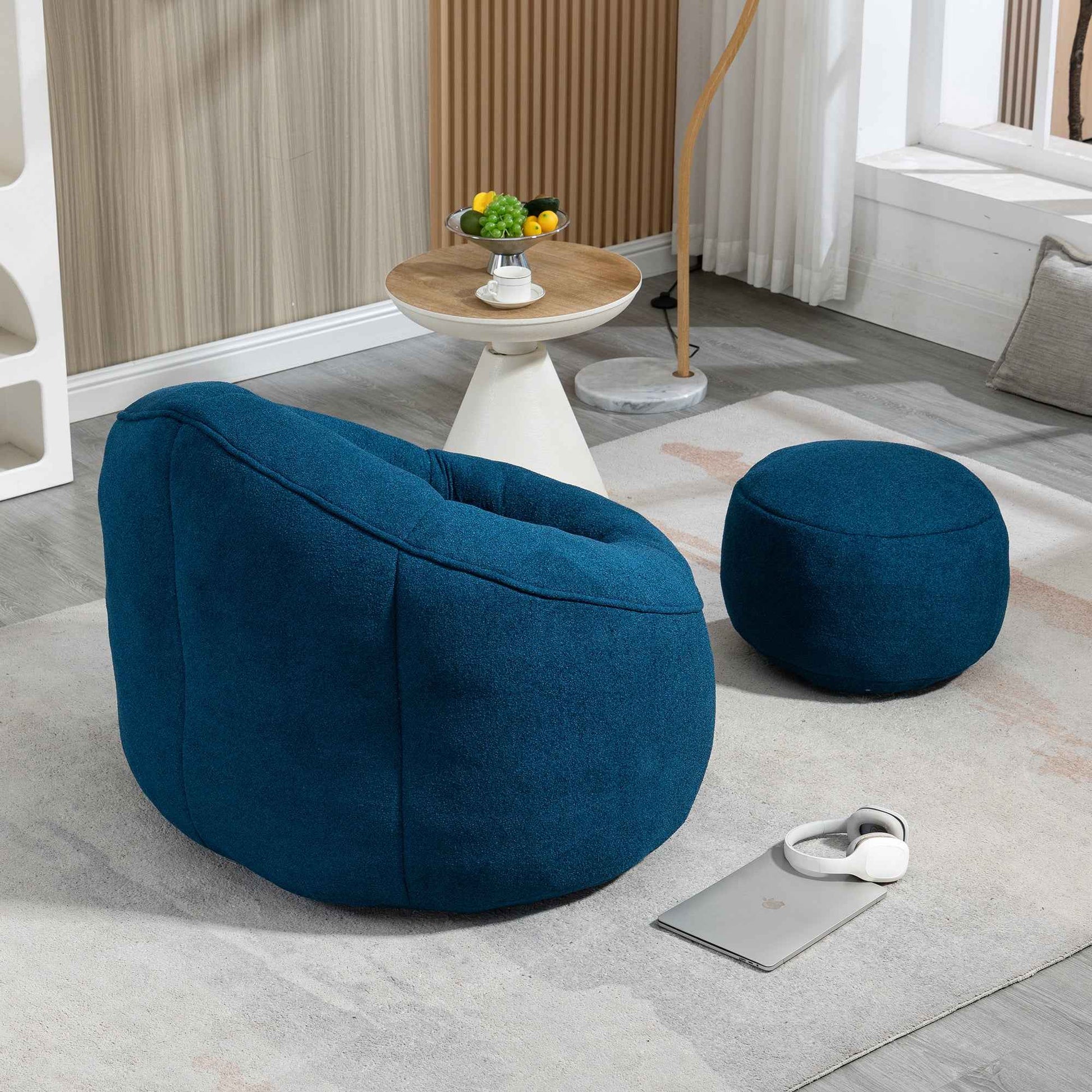 Bedding Bean Bag Sofa Chair with High-Pressure Foam and Footrest, Blue Microfiber