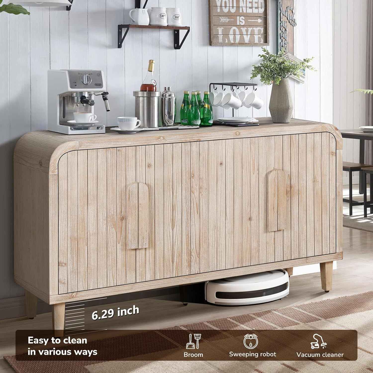 59'' Farmhouse Curved Vintage Storage Sideboard with Large Wooden Handles, Vertical Wood Grain Carving and Adjustable Shelves for Kitchen,Dining Room (Natural Wood Washed)