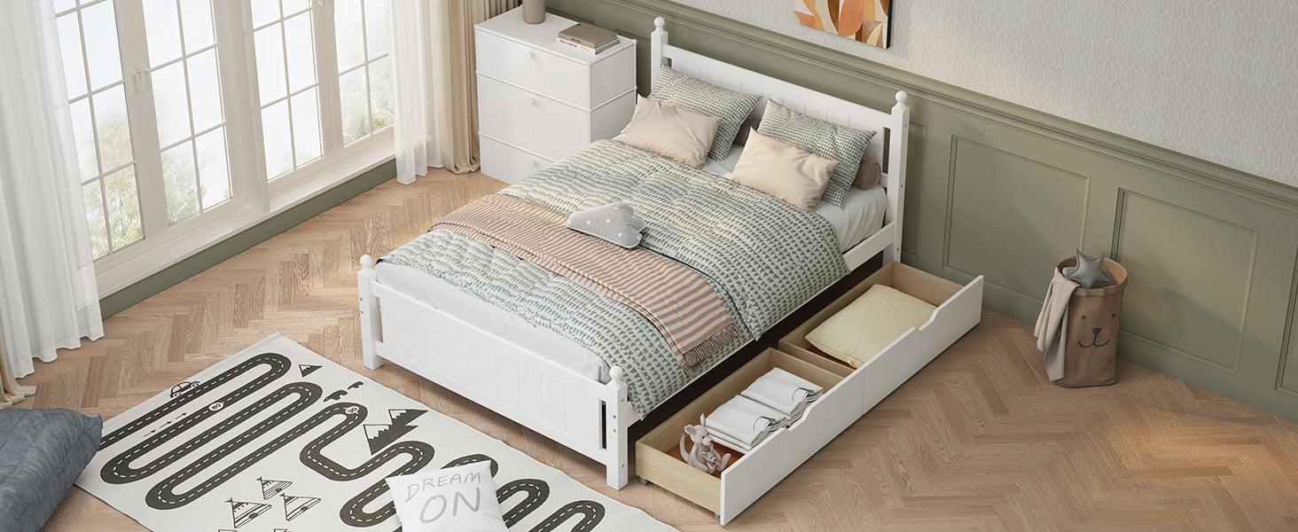 Full Size Solid Wood Platform Bed Frame with 2 drawers for Limited Space Kids, Teens, Adults, No Need Box Spring, White