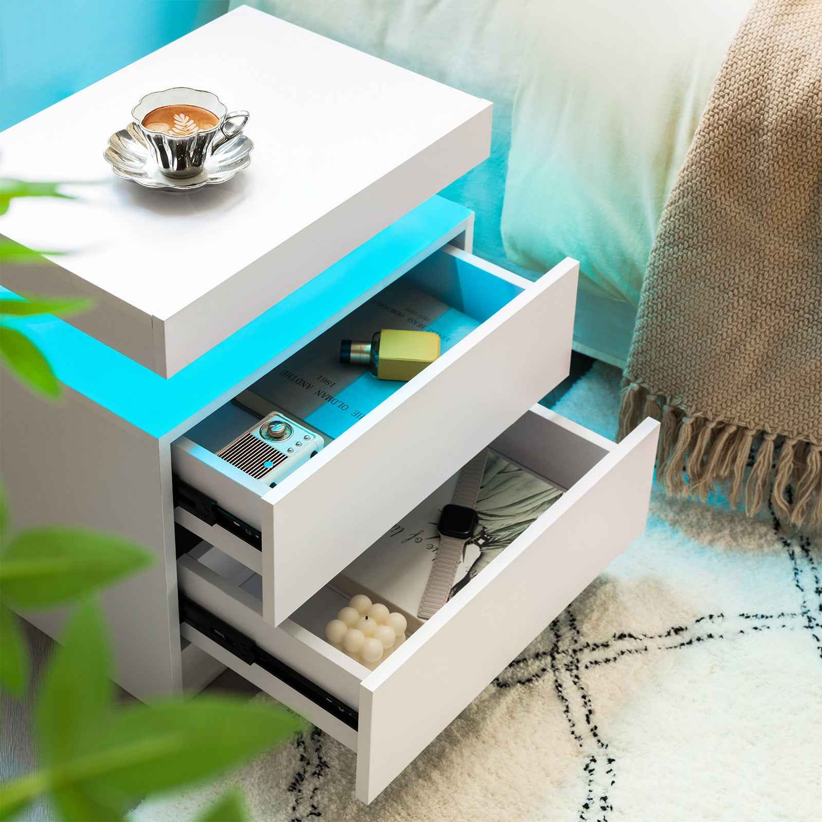 LED Nightstands Set of 2, Bedside Table Cabinet Lights Modern End Side with 2 Drawers for Bedroom (White)
