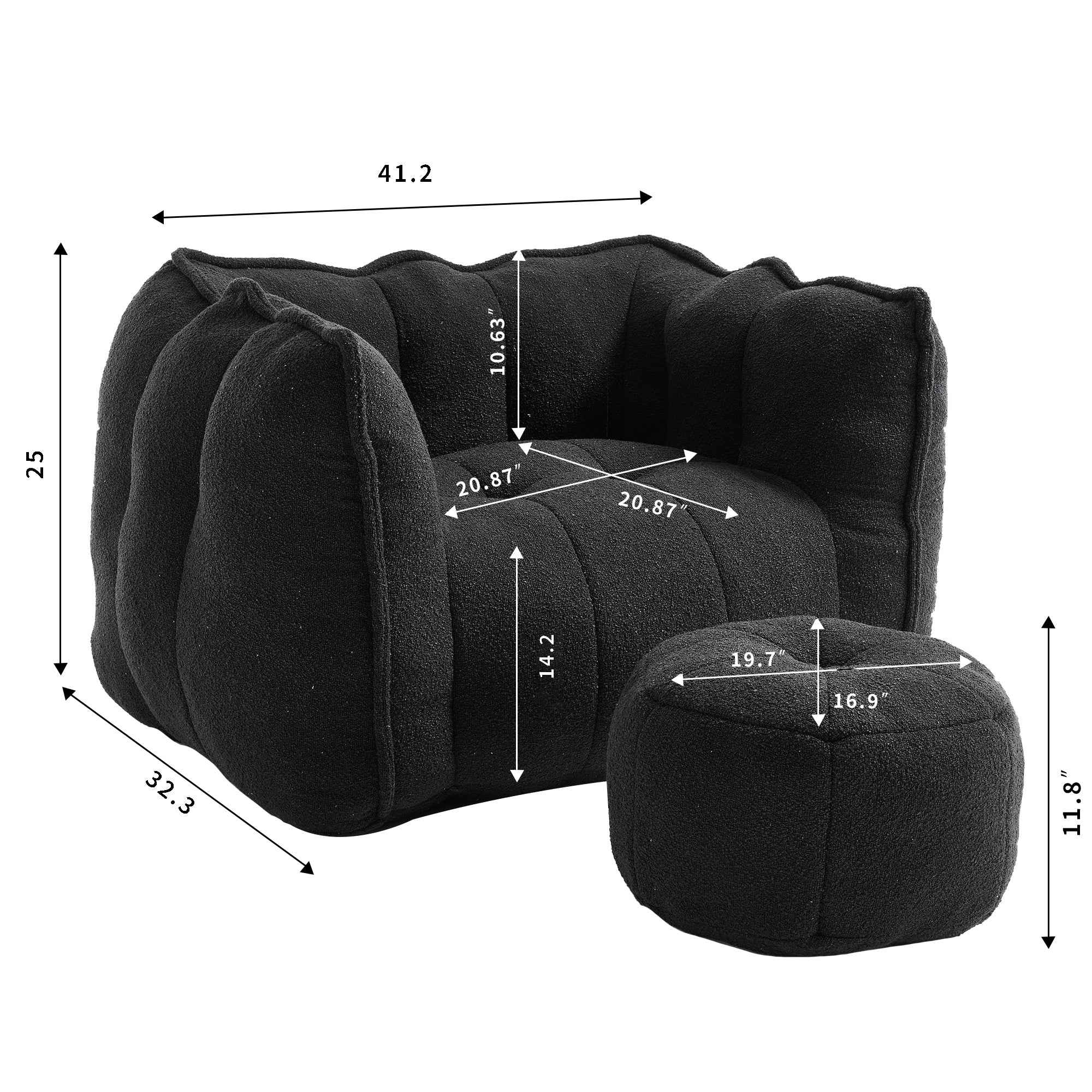 Soft Chenille Bean Bag Chair with High Resilient Foam for Living Room and Bedroom, Comfortable Square Lazy Sofa with Footstool for Adults