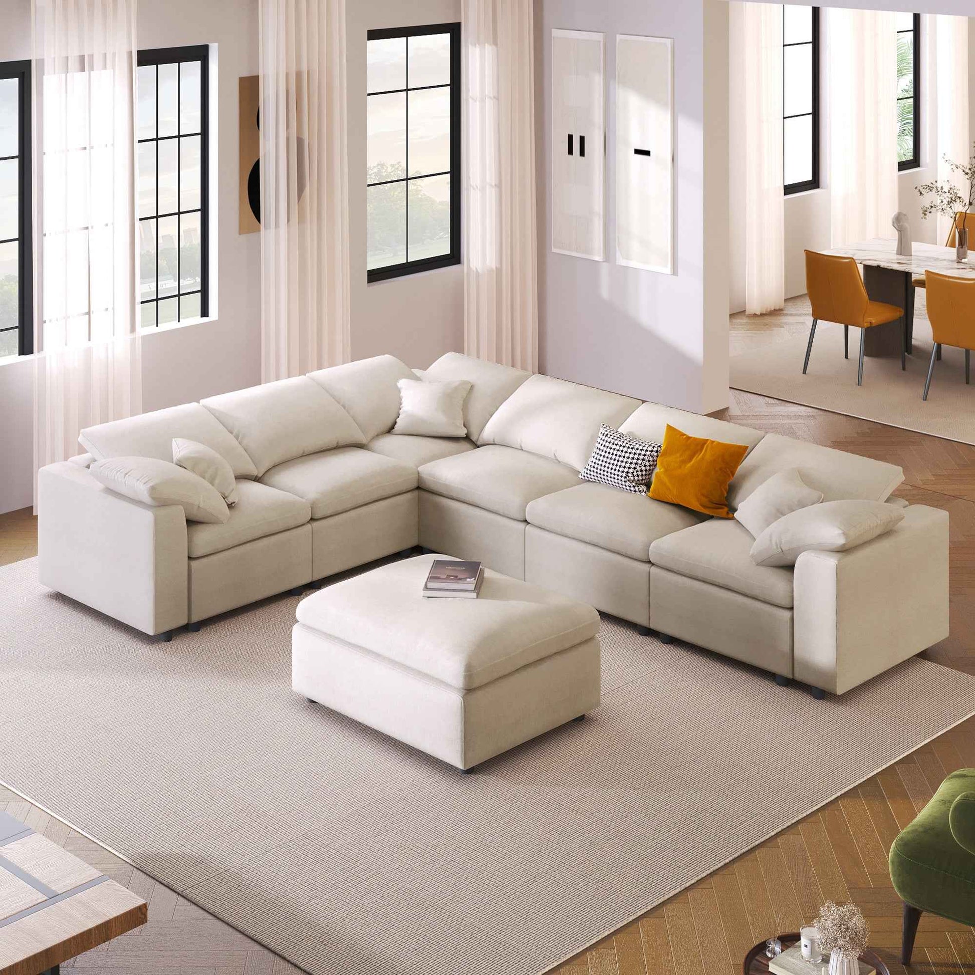 U_Style 124.8' Extra Large 7-Seater Modular Sectional Sofa with L-Shape Design & Movable Ottoman, Plush Chenille Fabric + Solid Pine Wood Frame for Living Room, Office, Spacious Space
