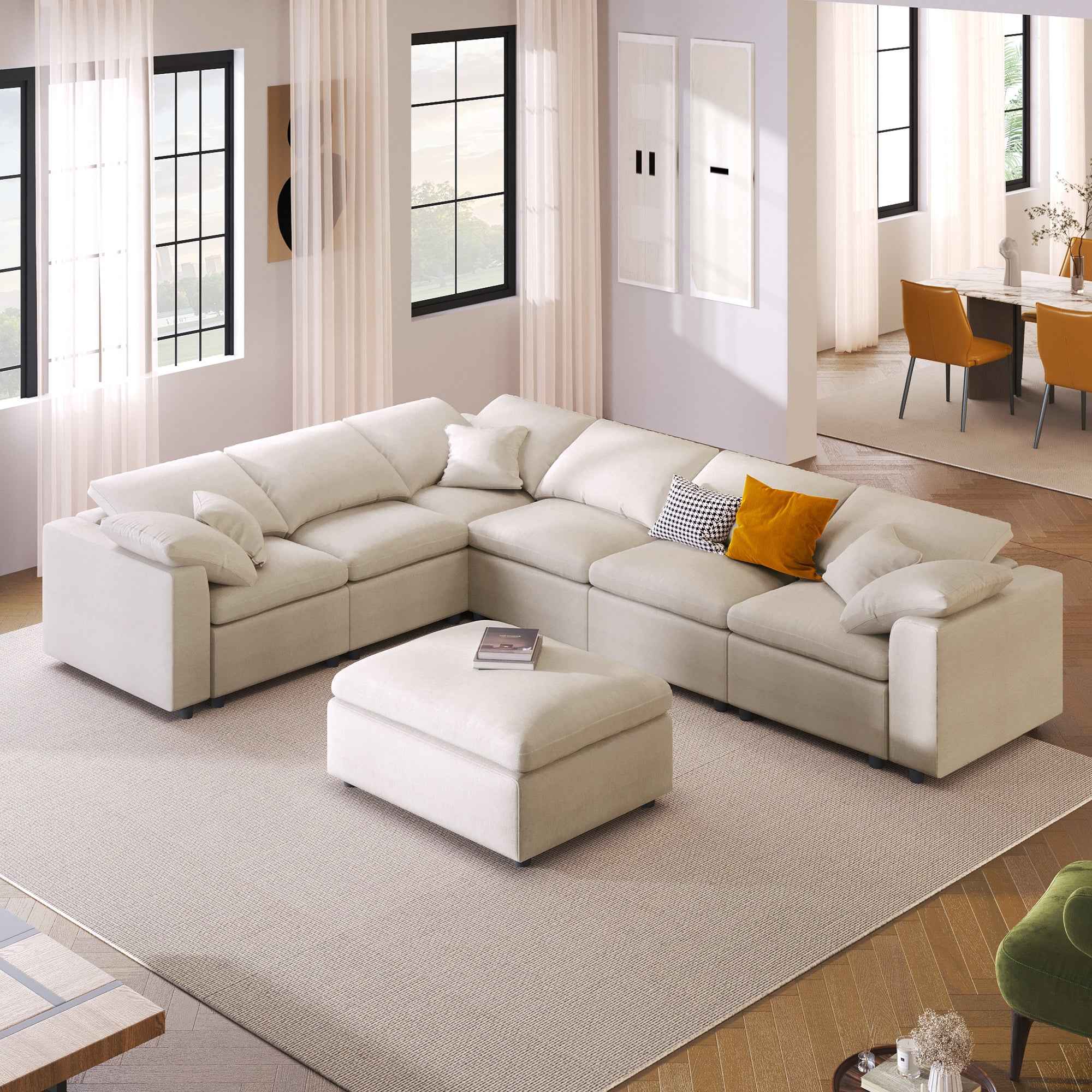 U_Style 124.8' Extra Large 7-Seater Modular Sectional Sofa with L-Shape Design & Movable Ottoman, Plush Chenille Fabric + Solid Pine Wood Frame for Living Room, Office, Spacious Space