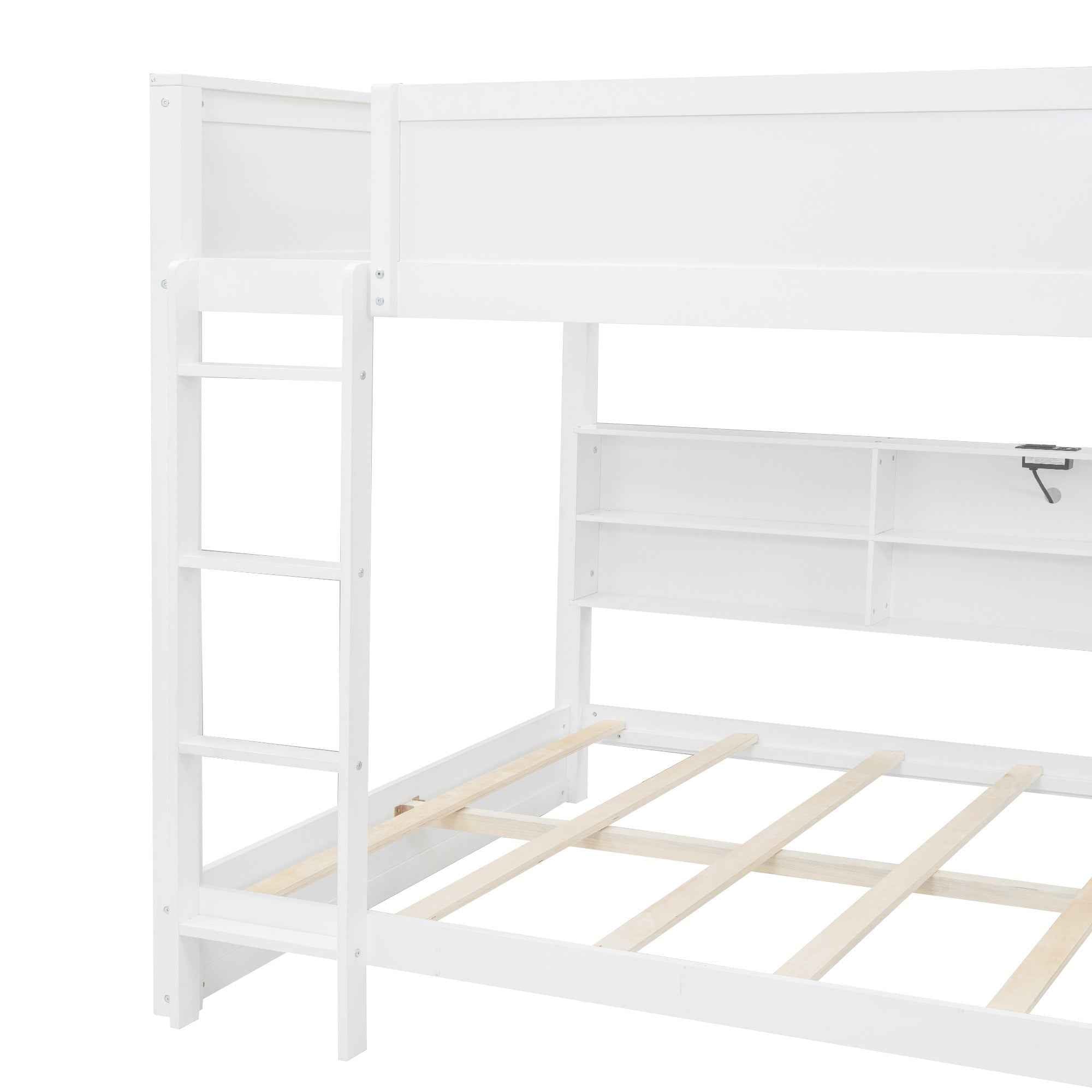 White Queen over Queen Bunk Bed with Storage Cabinets and USB Ports, Pine Wood+MDF