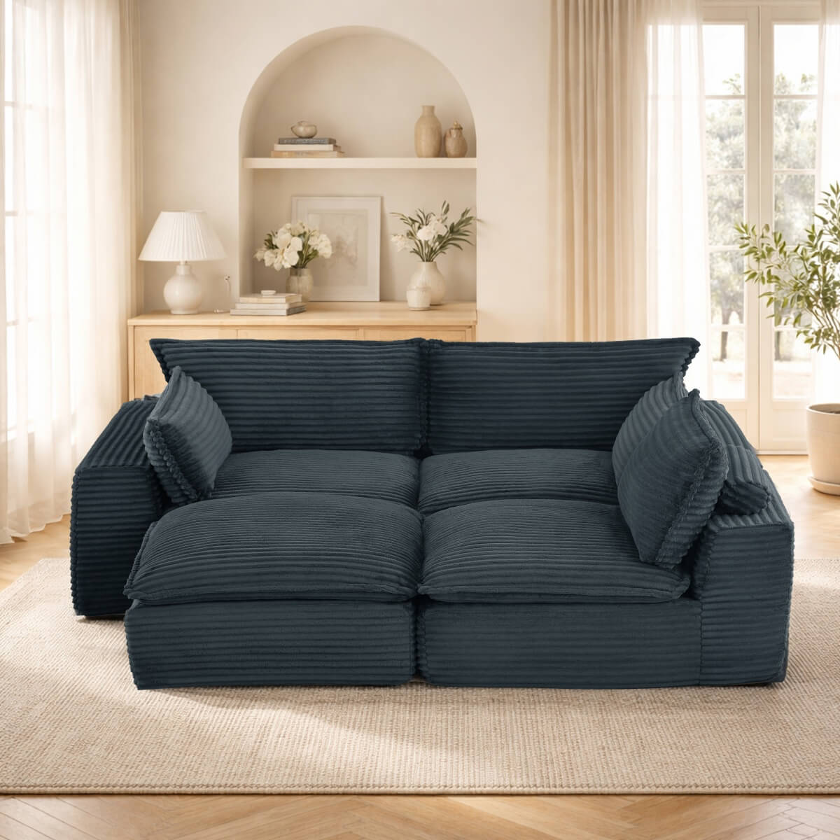 3-5 Seat Convertible Sofa Bed - Compression Modular Couch with 2 Ottomans, Transforming Sofa & Bed for Living Room, Apartment & Small Spaces