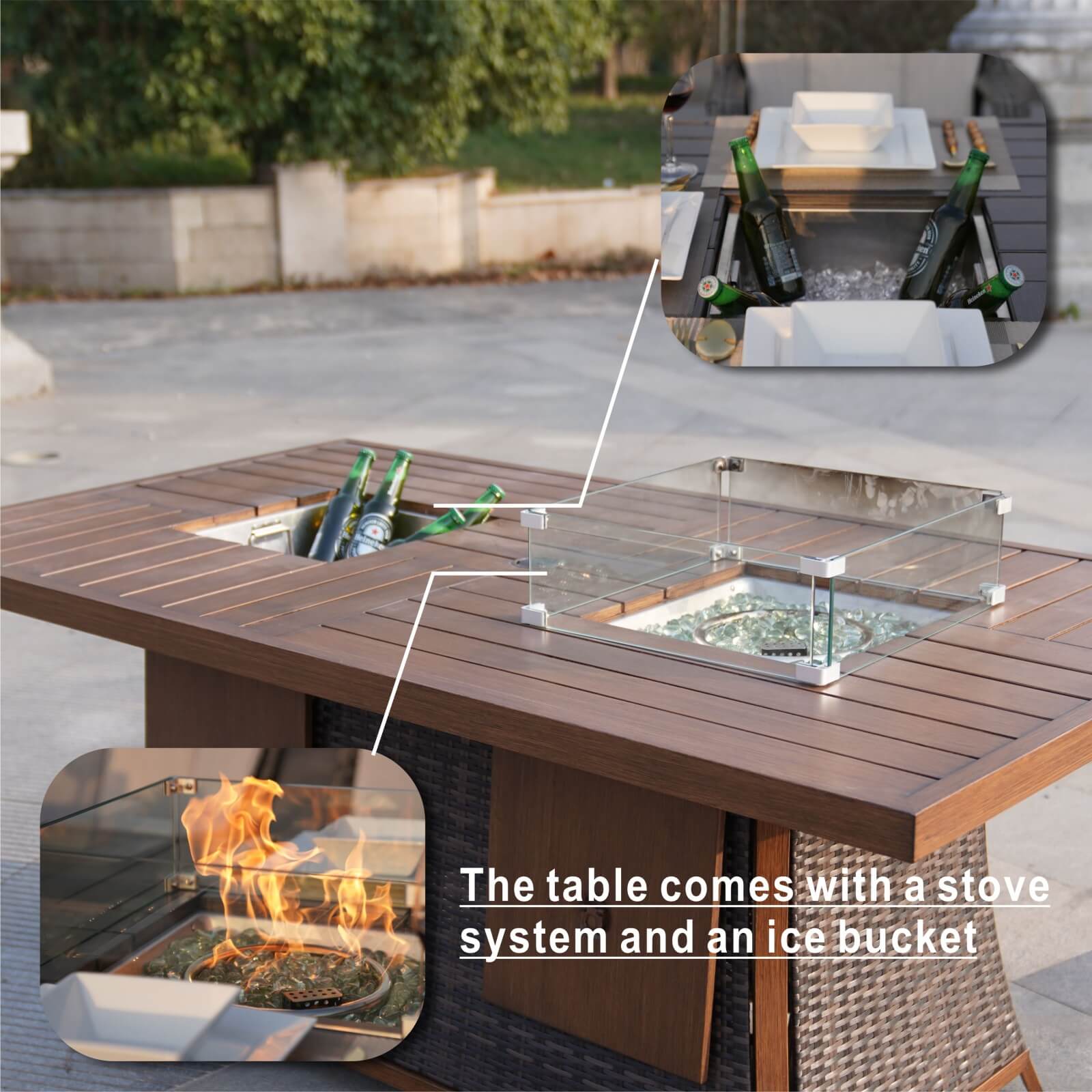 Outdoor 6-Seat Dining Set with Fire Pit Table and Ice Bucket(PAG-1106FI-SET) - Abrihome