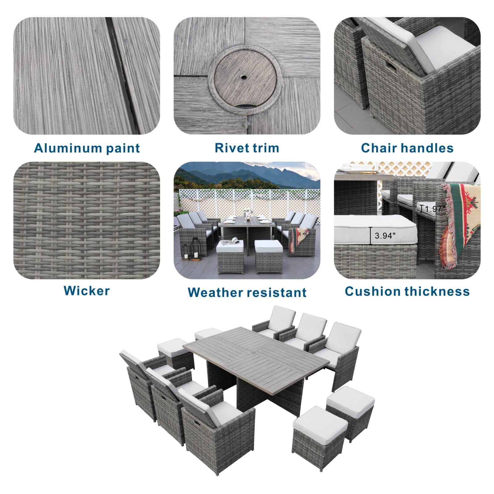 Carmel 10-Seat Outdoor Dining Set with Rectangular Aluminum Tabletop(PAD-3234TA-SET) - Abrihome