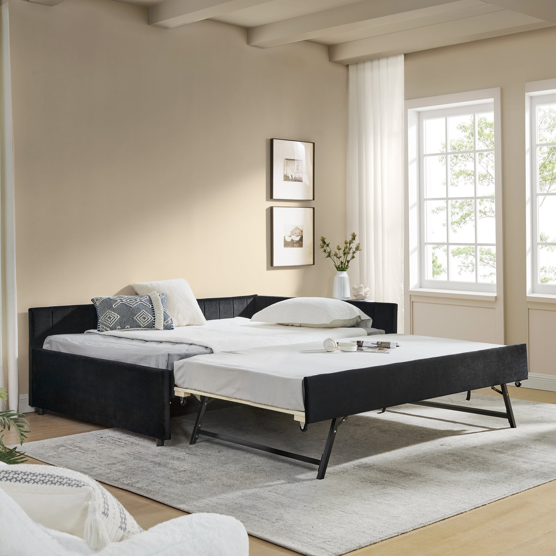 Full Size Daybed with Trundle Upholstered Tufted Sofa Bed, Sofa Bed Frame with Comfortable Backrest and Armrests, Velvet, Black(79.5''x58''x25'') - Abrihome