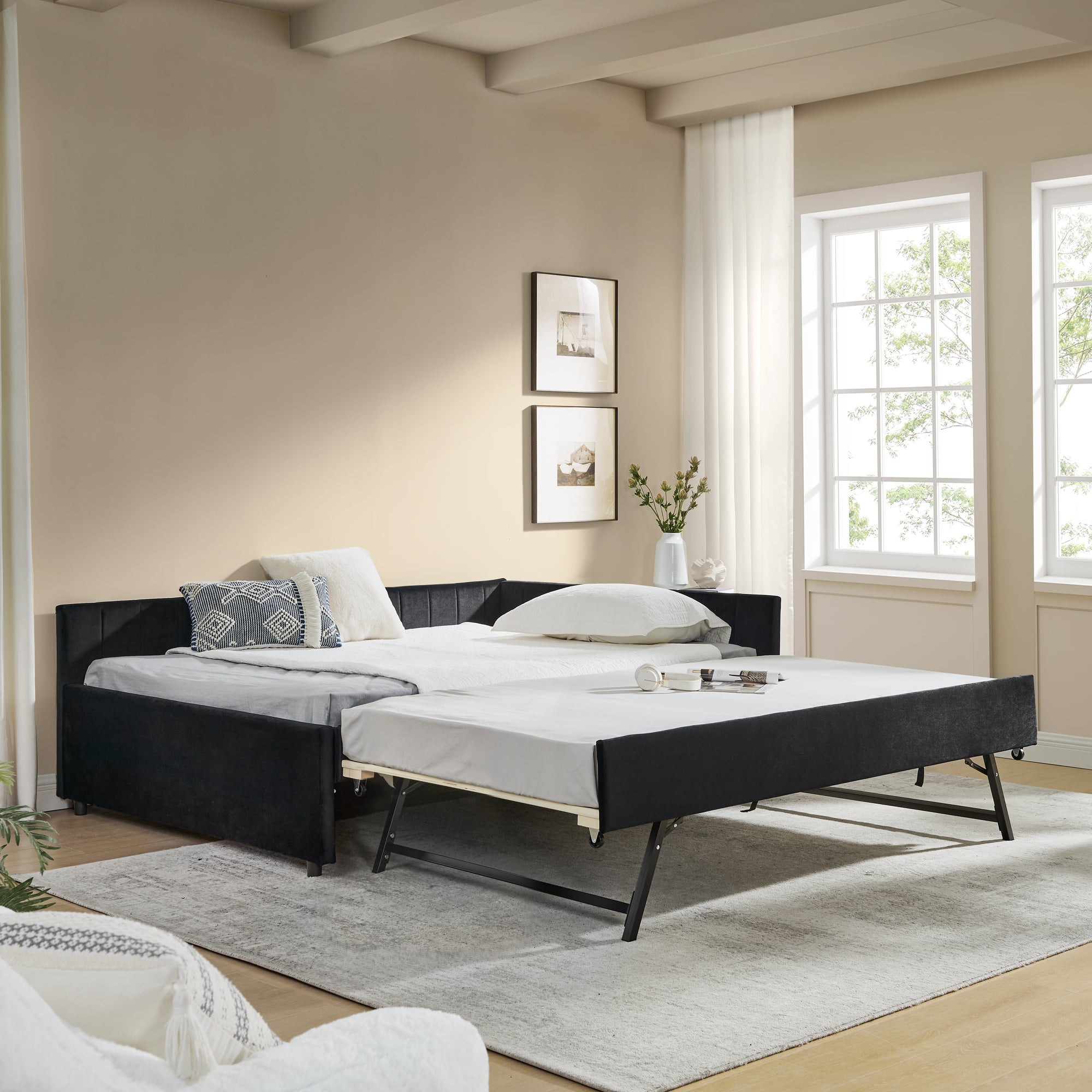 Full Size Daybed with Trundle Upholstered Tufted Sofa Bed, Sofa Bed Frame with Comfortable Backrest and Armrests, Velvet, Black(79.5''x58''x25'') - Abrihome