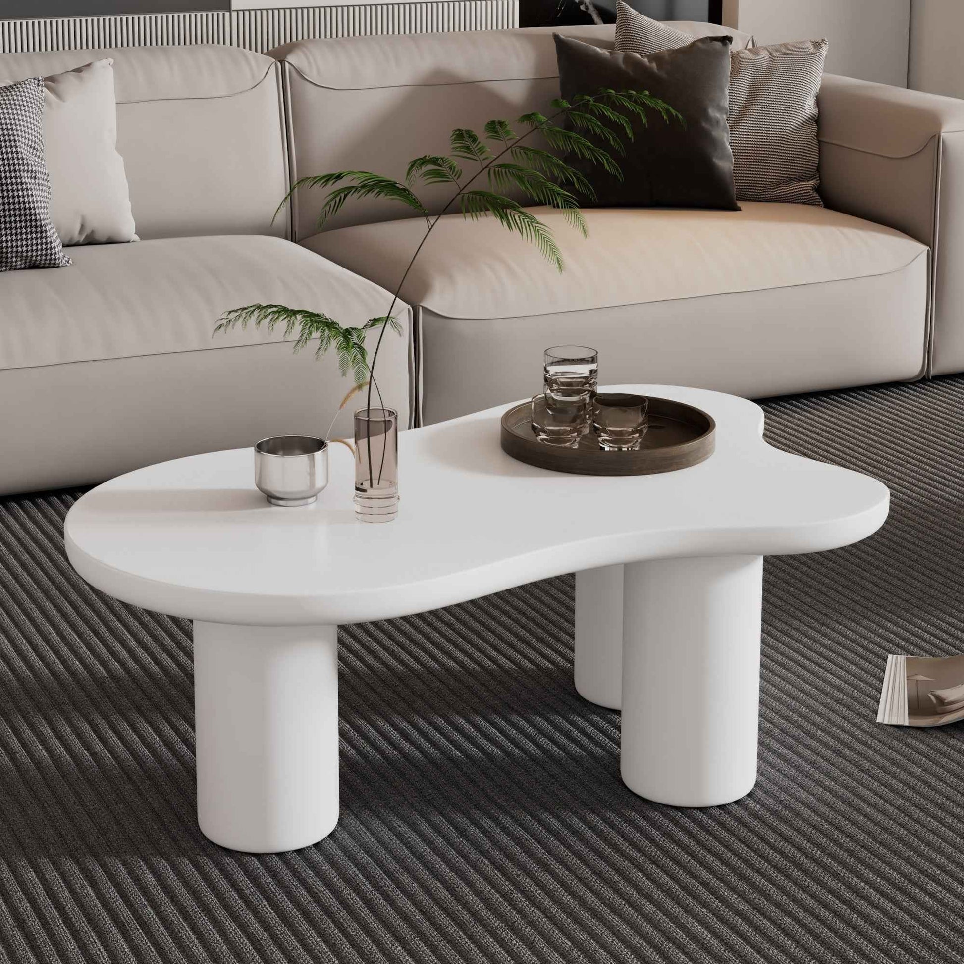 ON-TREND 44'' x 25.9'' Easy Assembly Cloud Coffee Table with 1.5'' Thick Tabletop, Cream Style Irregular End Table with 3 Sturdy Legs, Sleek Center Table with Round Edge for Living Room, White