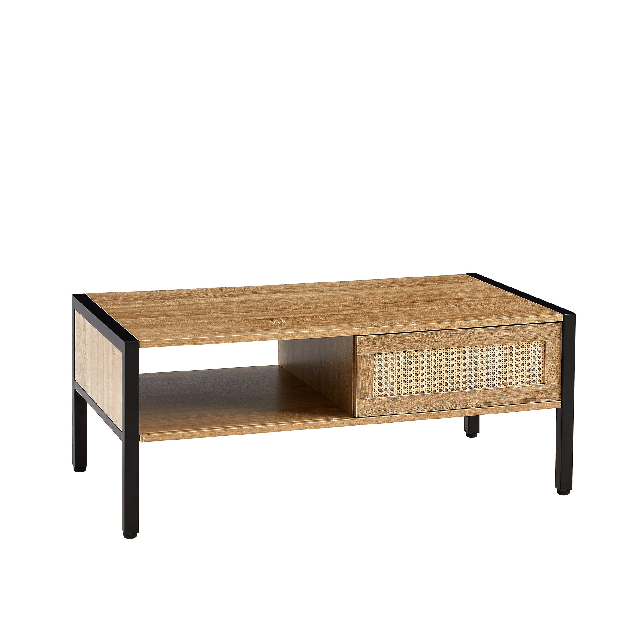 40.16" Rattan Coffee table, sliding door for storage, metal legs, Modern table  for living room , natural