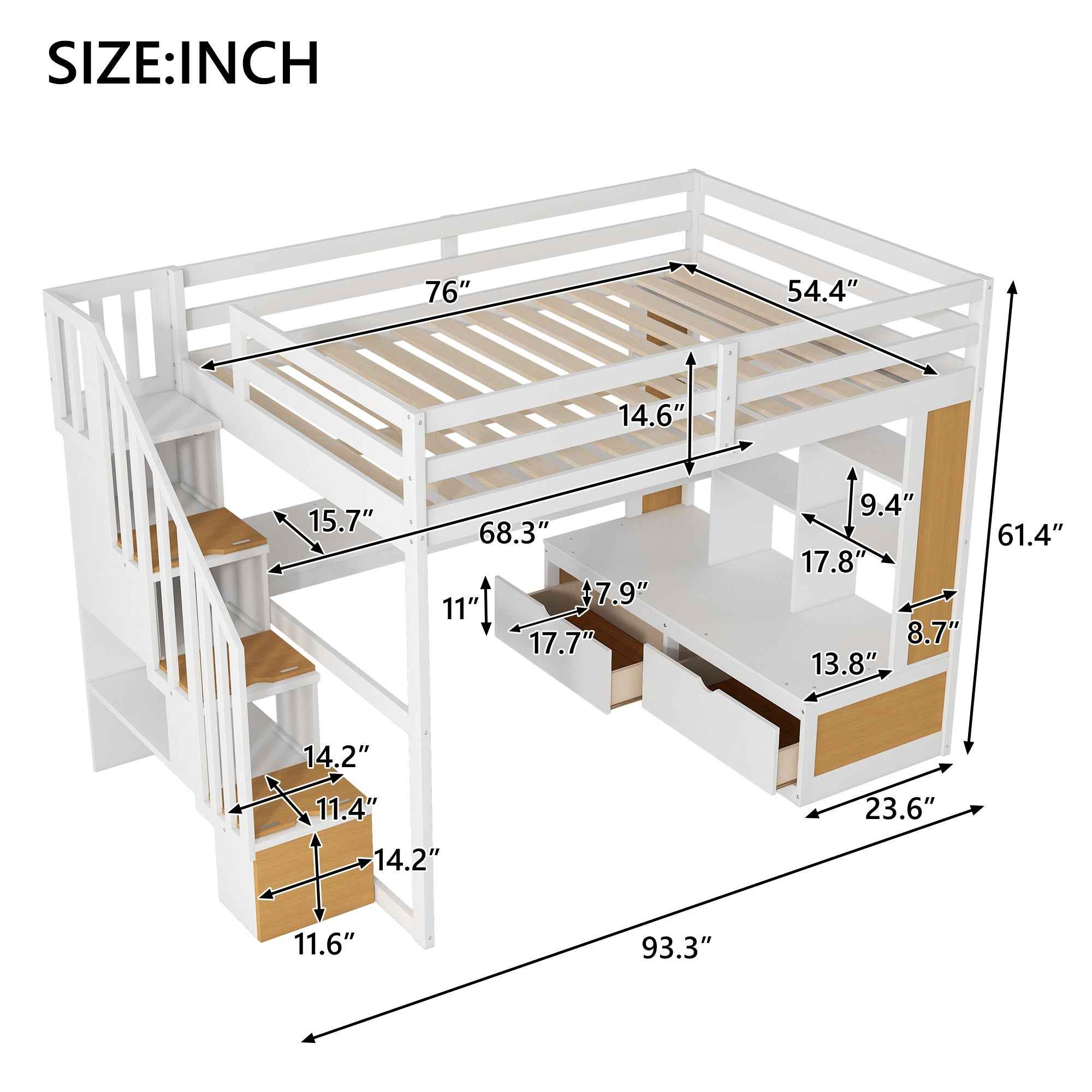 Full Size Loft Bed with Desk and Shelves, Two Built-in Drawers, Storage Staircase in White and Natural Finish, Solid Pine Wood and MDF Construction