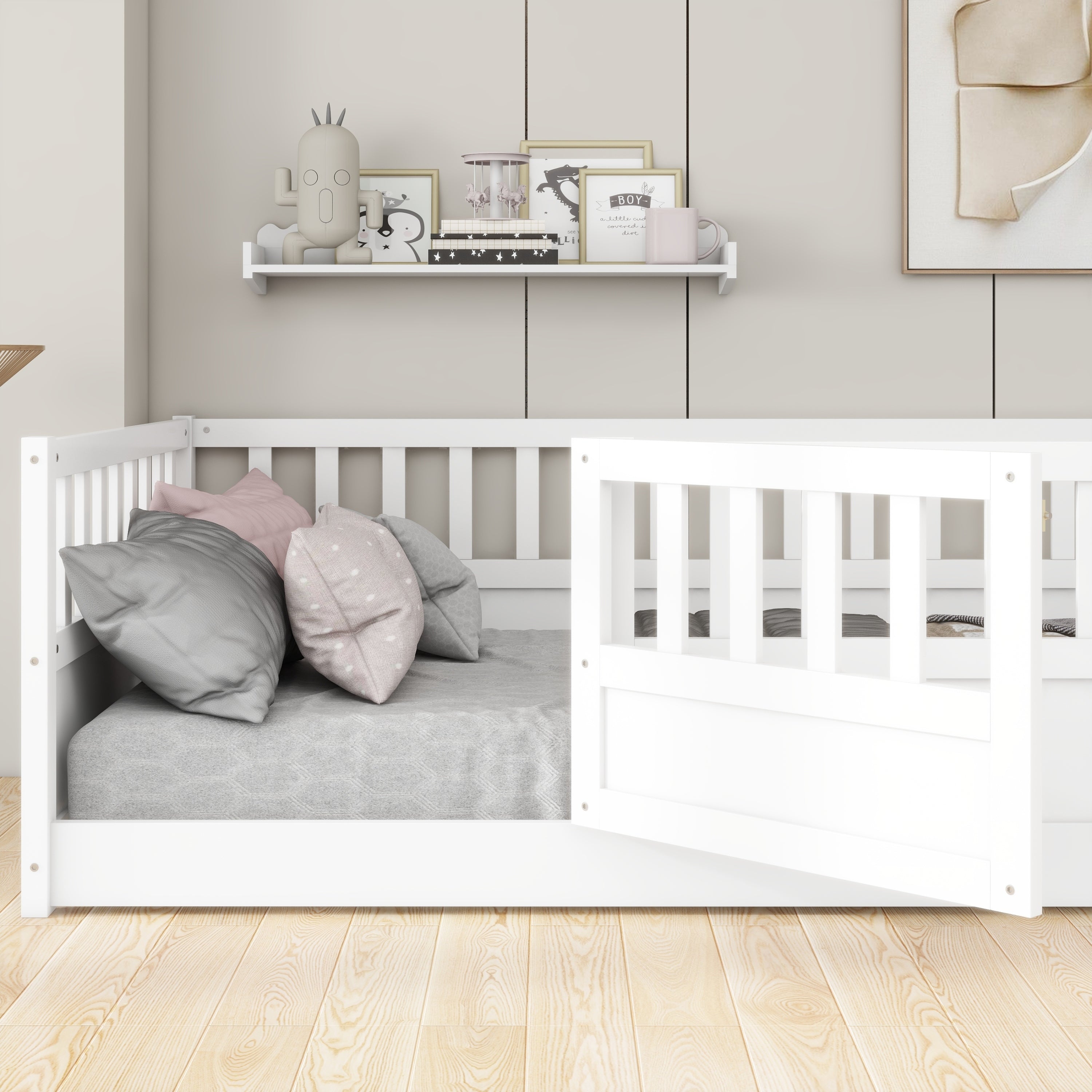 Twin Size Floor bed, integral construction with super high security barrier, door, children's floor bed frame, Montessori wooden children's floor bed, Support slat white