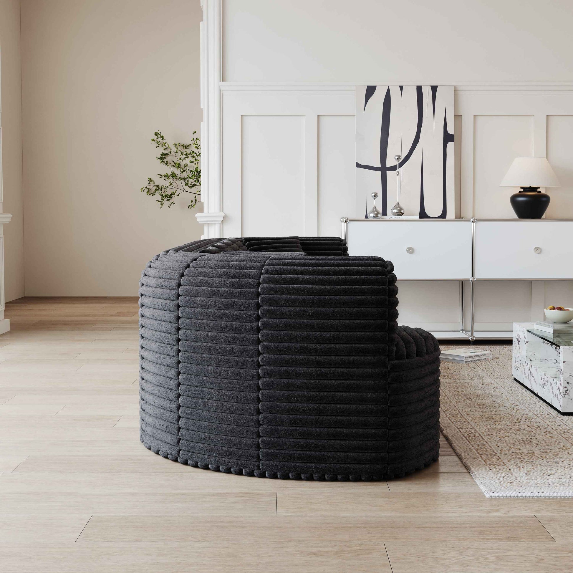 Curved Sectional Sofa, 106.3-inch Oversized Modern Bone-Free Cloud Sofa with 6 Pillows Luxury Corduroy Four-Seater Memory Foam Sofa with Deep Seat Design,black