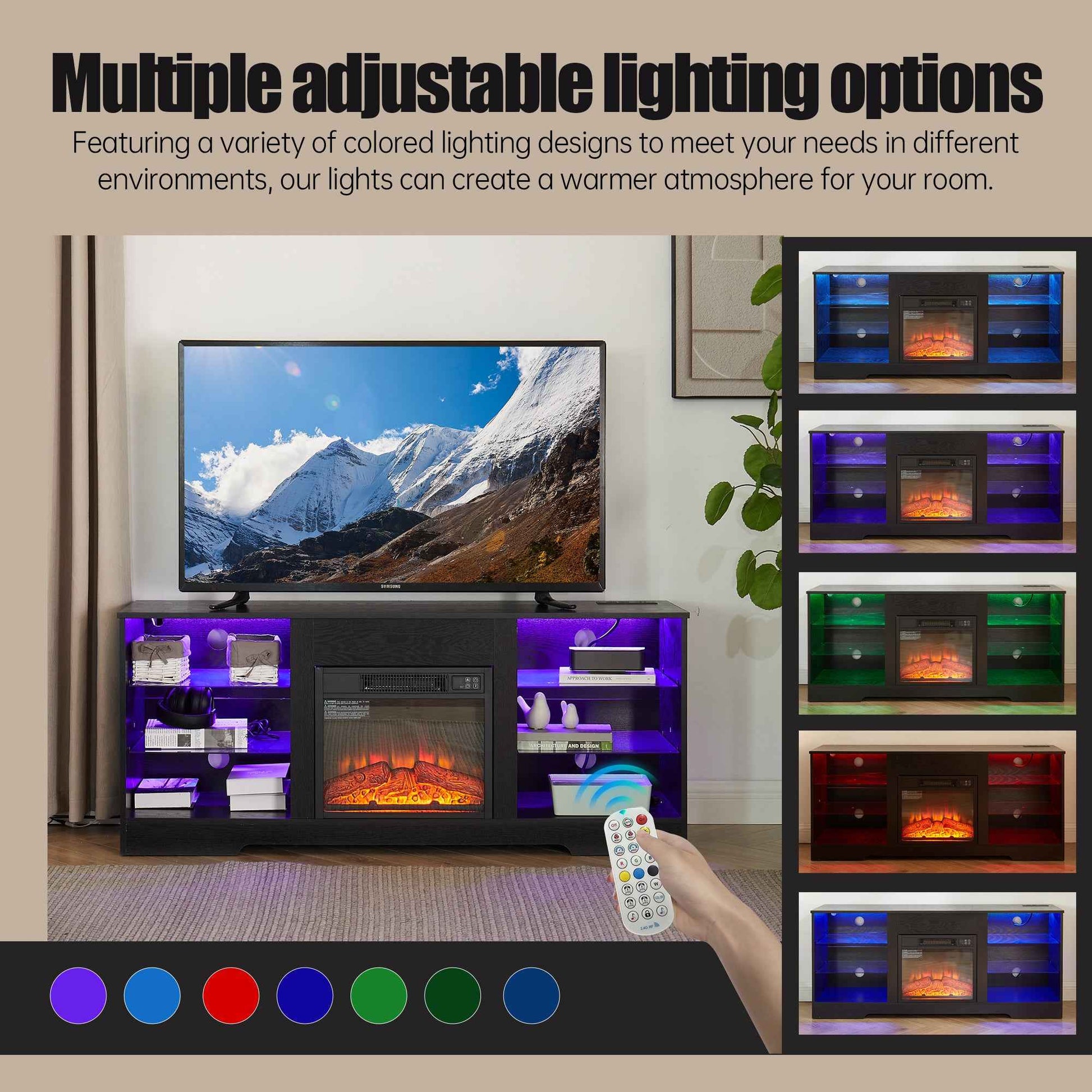 TV Stand Electric Fireplace TV Stand with Glass Shelves, 3D Fireplace TV Stand with LED Lights Wood with USB Charging Outlet Modern Television Table Center for TV up to 32-62' Black 58''W*15.4''D*24.6