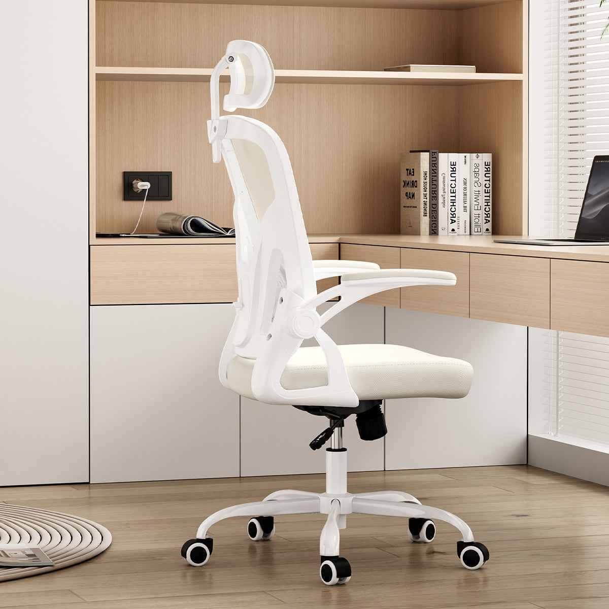 Ergonomic Office Chair, Home Office Desk Chair with Headrest, High Back Computer Chair with Armrests and Adjustable Lumbar Support for Home Office Study Room,White & White
