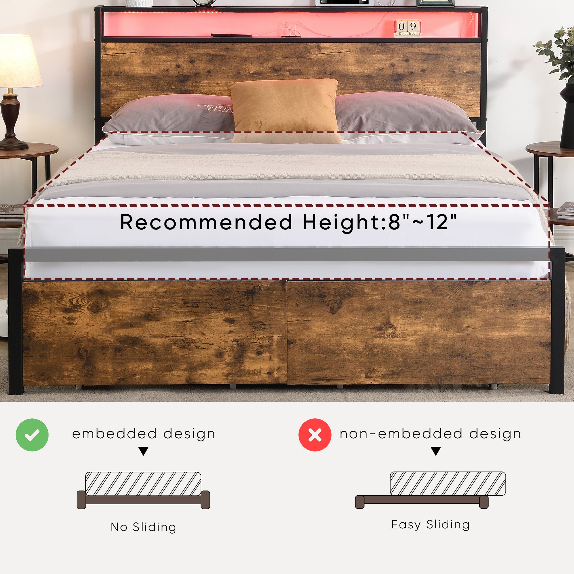 Queen Size Bed Frame with Storage Headboard and 2 Drawers, LED Lights Bed with Charging Station, Metal Platform Bed No Noise, Mattress Foundation Strong Metal Slats Support No Box Spring Needed