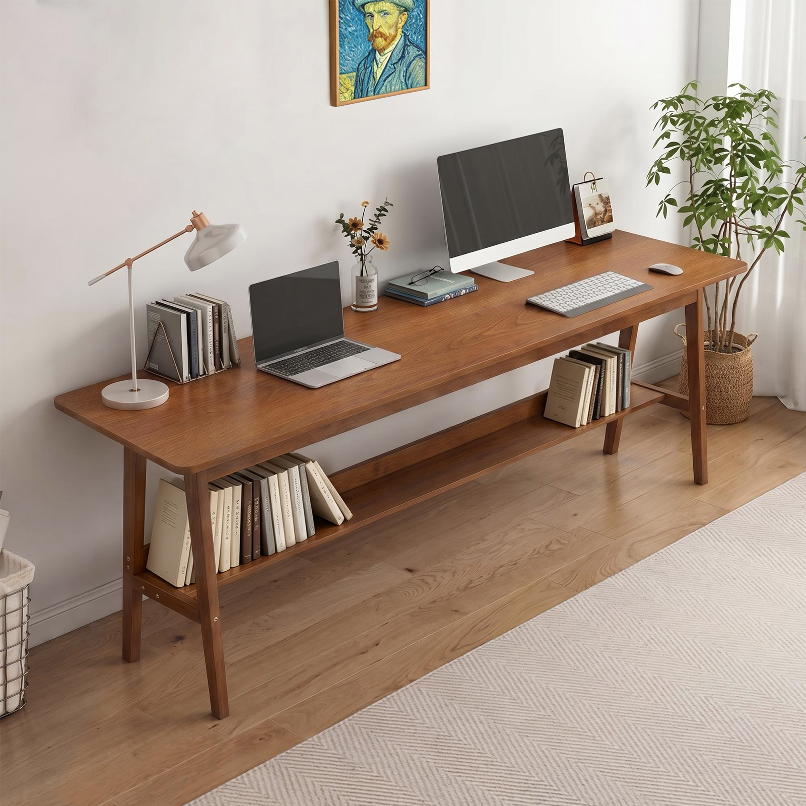 63' Simple Modern Extra Long 2 Person Computer Workstation, Mid Century Long Desk Table with Storage Shelves for Home Office Use in Walnut