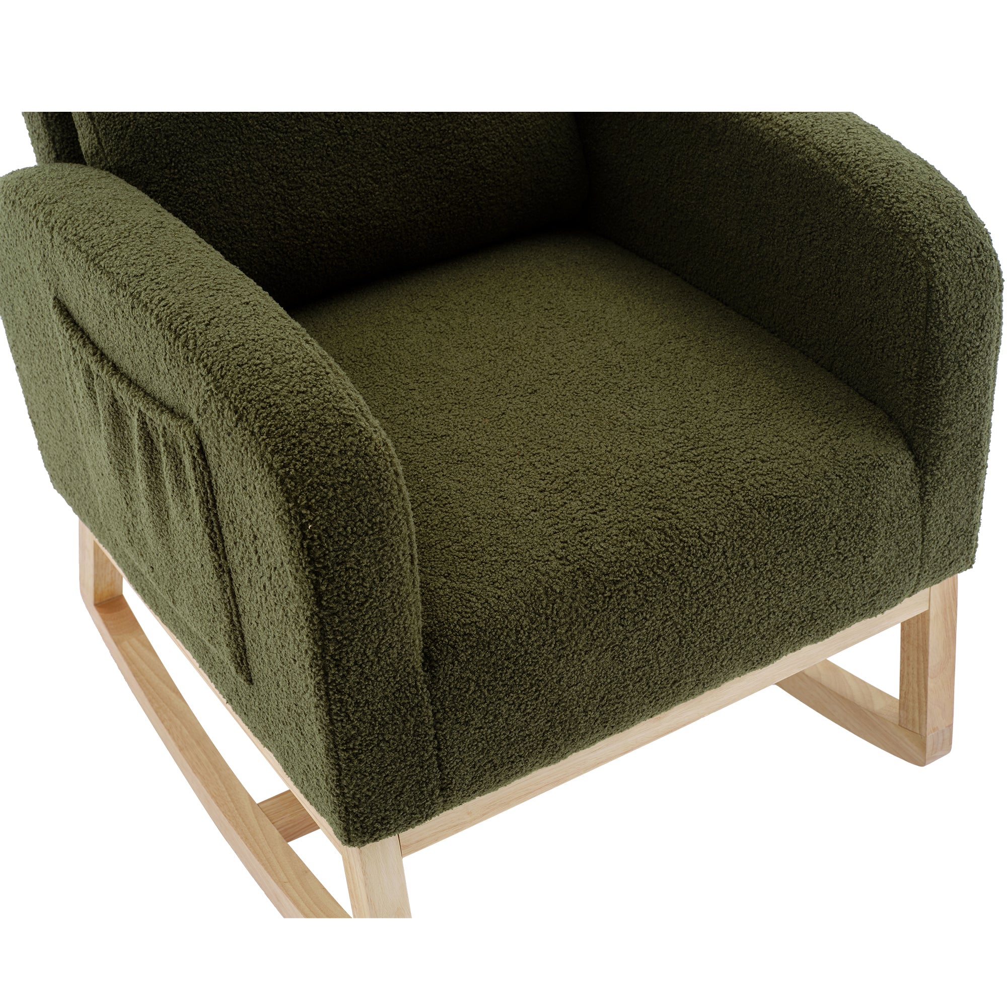 Modern Accent Rocking Chair Rocking Chair with Solid Wood Legs, Upholstered Nursery Glider Rocker, Comfy Armchair with Side Pocket, Living Room Lounge Arm Chair with High Backrest (Dark green,teddy)