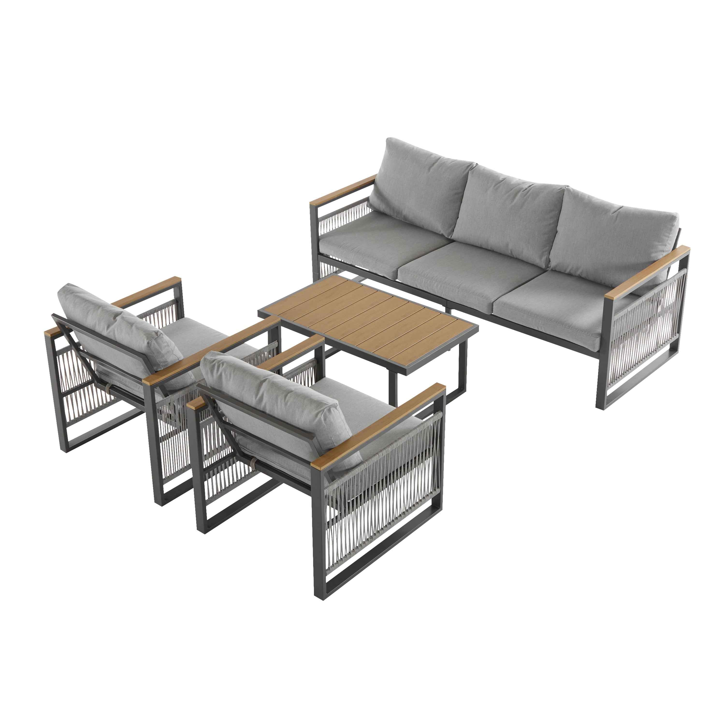 4-Pieces Outdoor Metal Patio Furniture Set, 5-Seat Patio Furniture Sofa Set with Cushion, Modern Outdoor Furniture Deep Seating for Porch, Garden, Backyard, Balcony, Grey & Natural