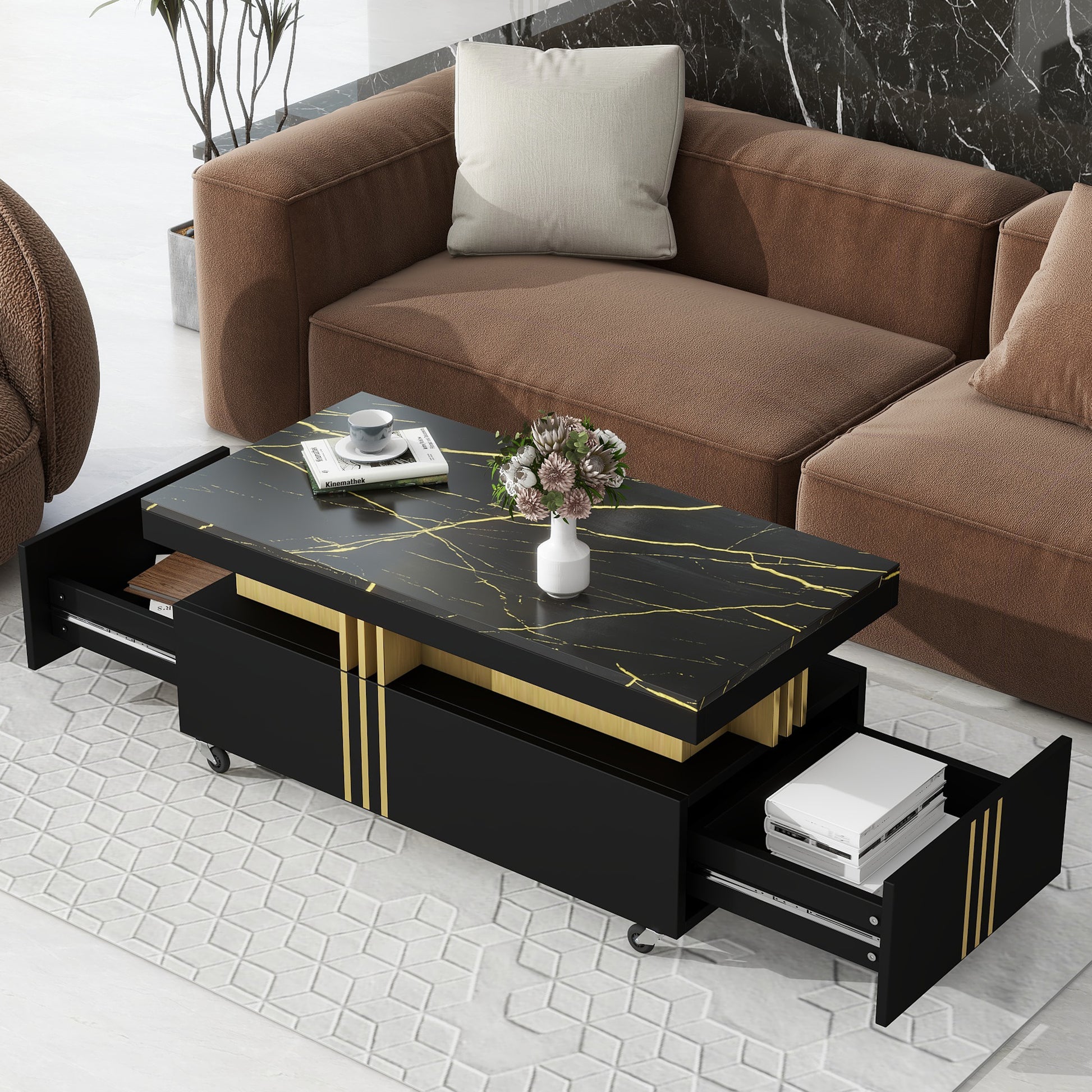 [VIDEO provided] ON-TREND Contemporary Coffee Table with Faux Marble Top, Rectangle Cocktail Table with Caster Wheels, Moderate Luxury Center Table with Gold Metal Bars for Living Room, Black - Abrihome