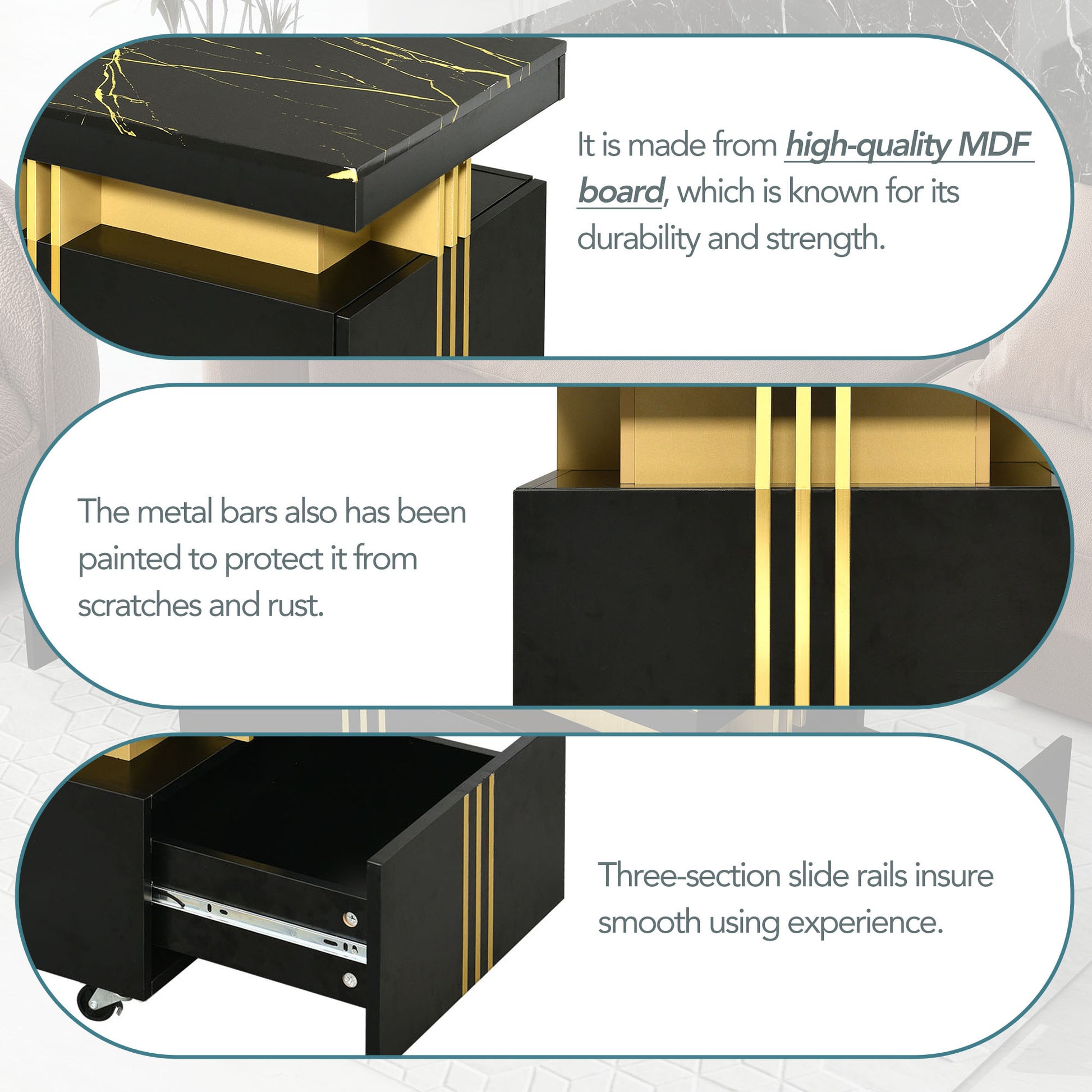 [VIDEO provided] ON-TREND Contemporary Coffee Table with Faux Marble Top, Rectangle Cocktail Table with Caster Wheels, Moderate Luxury Center Table with Gold Metal Bars for Living Room, Black - Abrihome