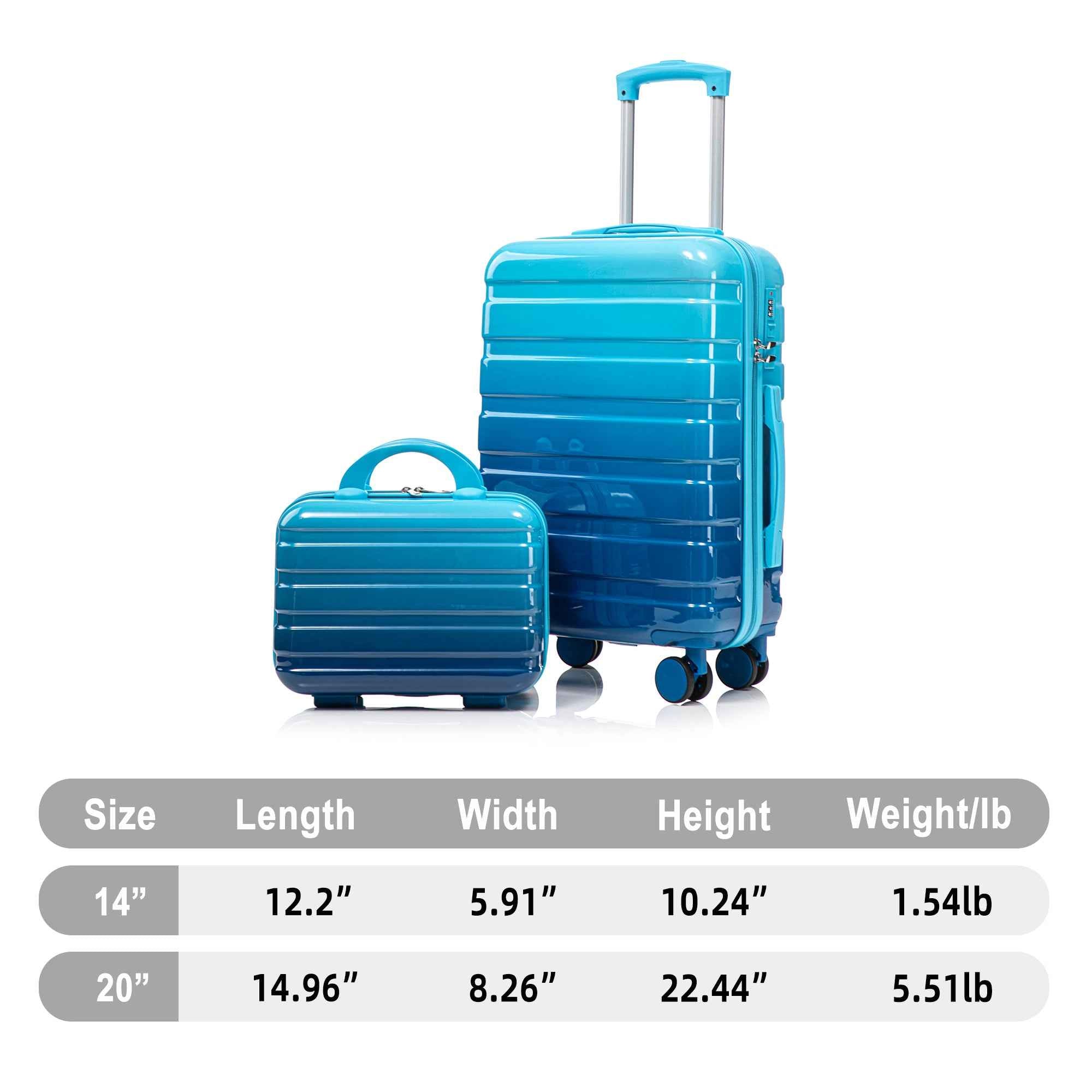 14'/20' 2 pcs/set in PC Spinner Wheel Luggage, Carry on Suitcase, With Gradient Color and Combination Lock(Navy+Light Blue)