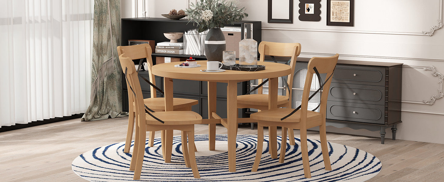 TREXM 5-piece Dining Set, Retro Simple Round Table and 4 Chairs with X-shaped Backrest for Kitchen, Dining Room and Living Room (Natural)