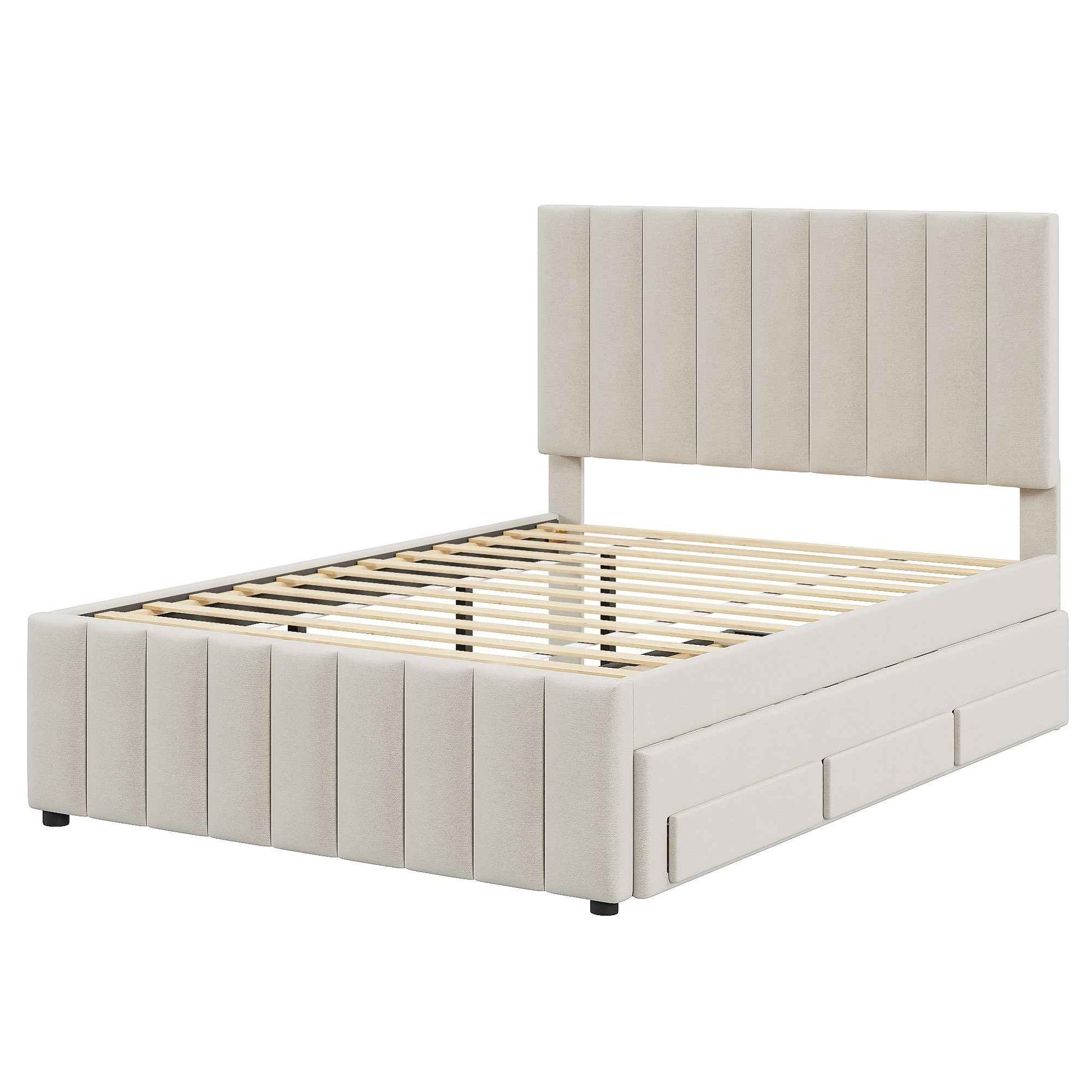 Full Size Upholstered Platform Bed with Twin Size Trundle and 3 Drawers, Linen Fabric, Beige