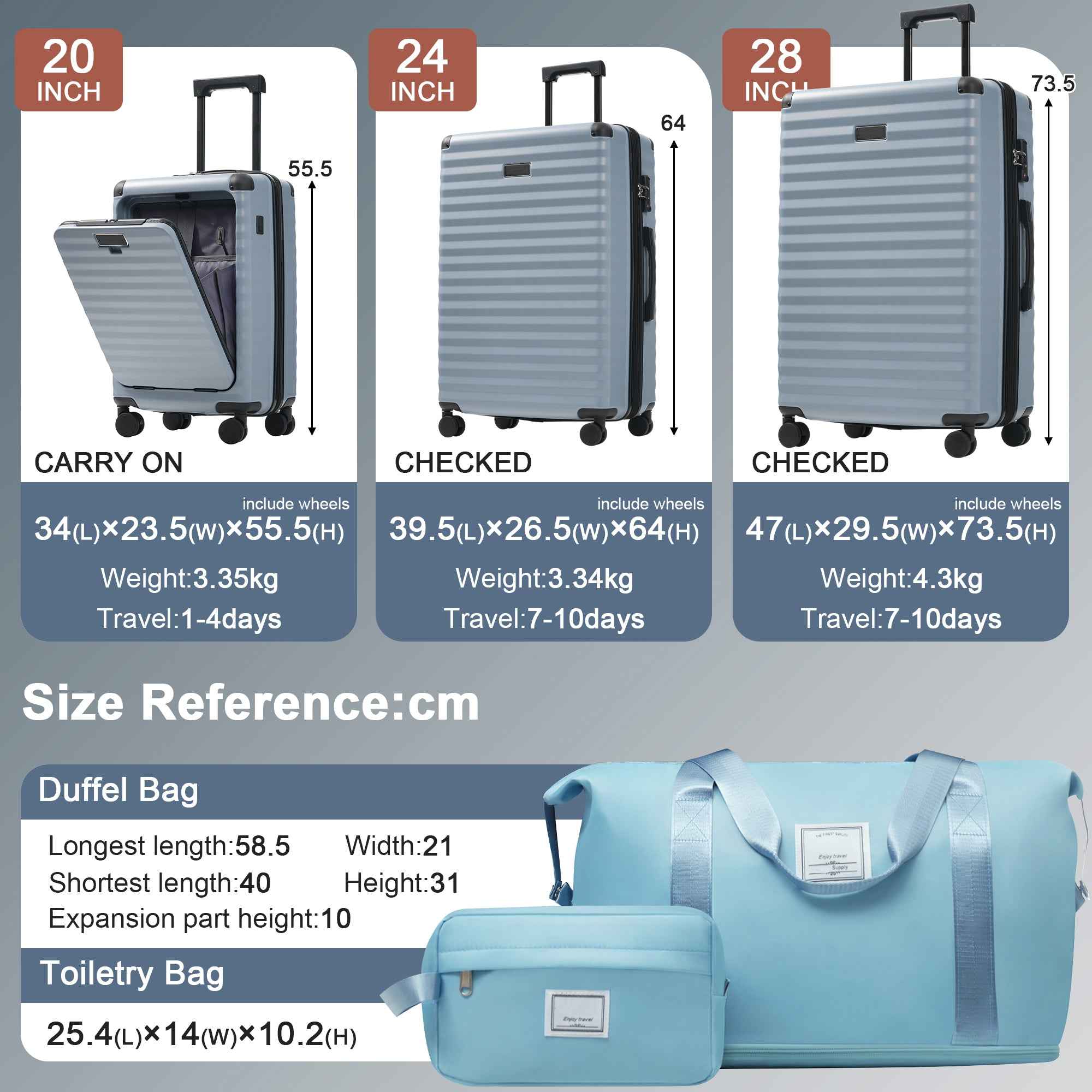 Luggage Sets 5 Piece with Front Opening , Hardside Expandable Carry on Suitcase with Spinner Wheels TSA Lock USB Port  Cup Holder Duffel Bag and Toiletry Bag