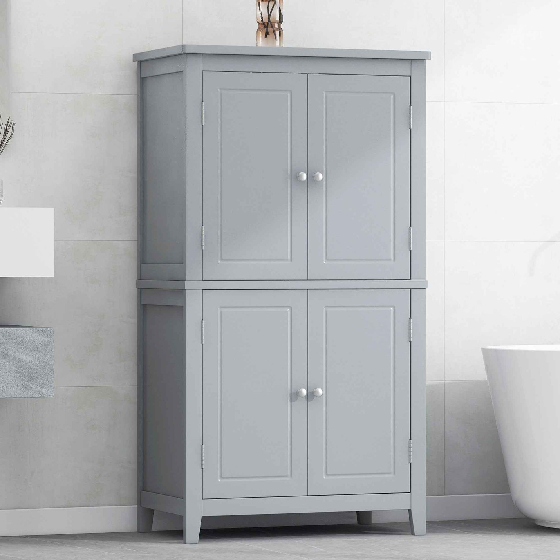 Elegant Bathroom Floor Storage Cabinet, Bathroom Storage Unit, Freestanding Cabinet with 4 Doors, Adjustable Shelves, Adaptable Shelves, Grey