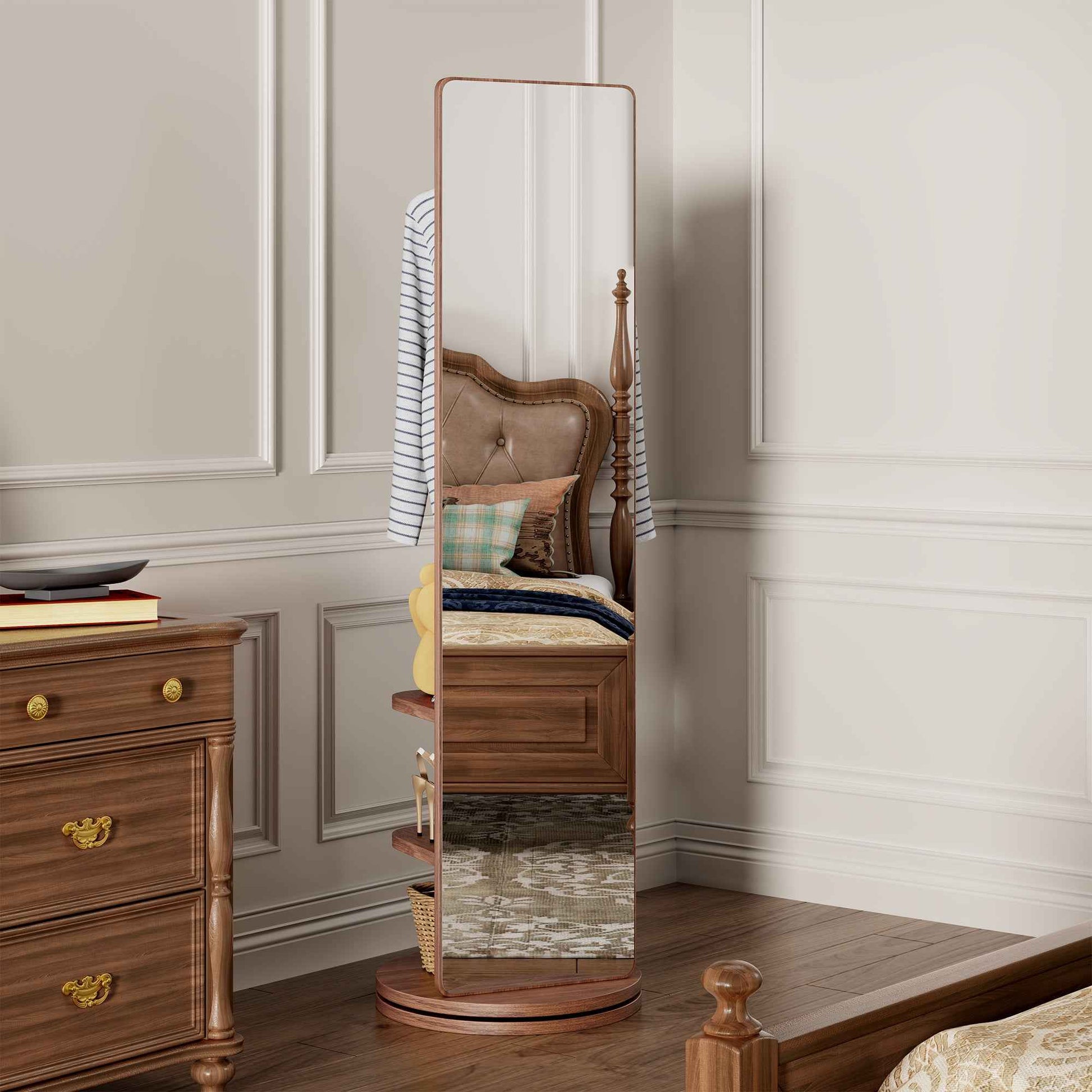 360° Rotating 69'x16' Multifunctional Full Length Mirror with Hook Storage Rack Coat Rack with Mirror Solid Wood Floor Mirror Bedroom Living Room Cloakroom Space Saving (walnut)