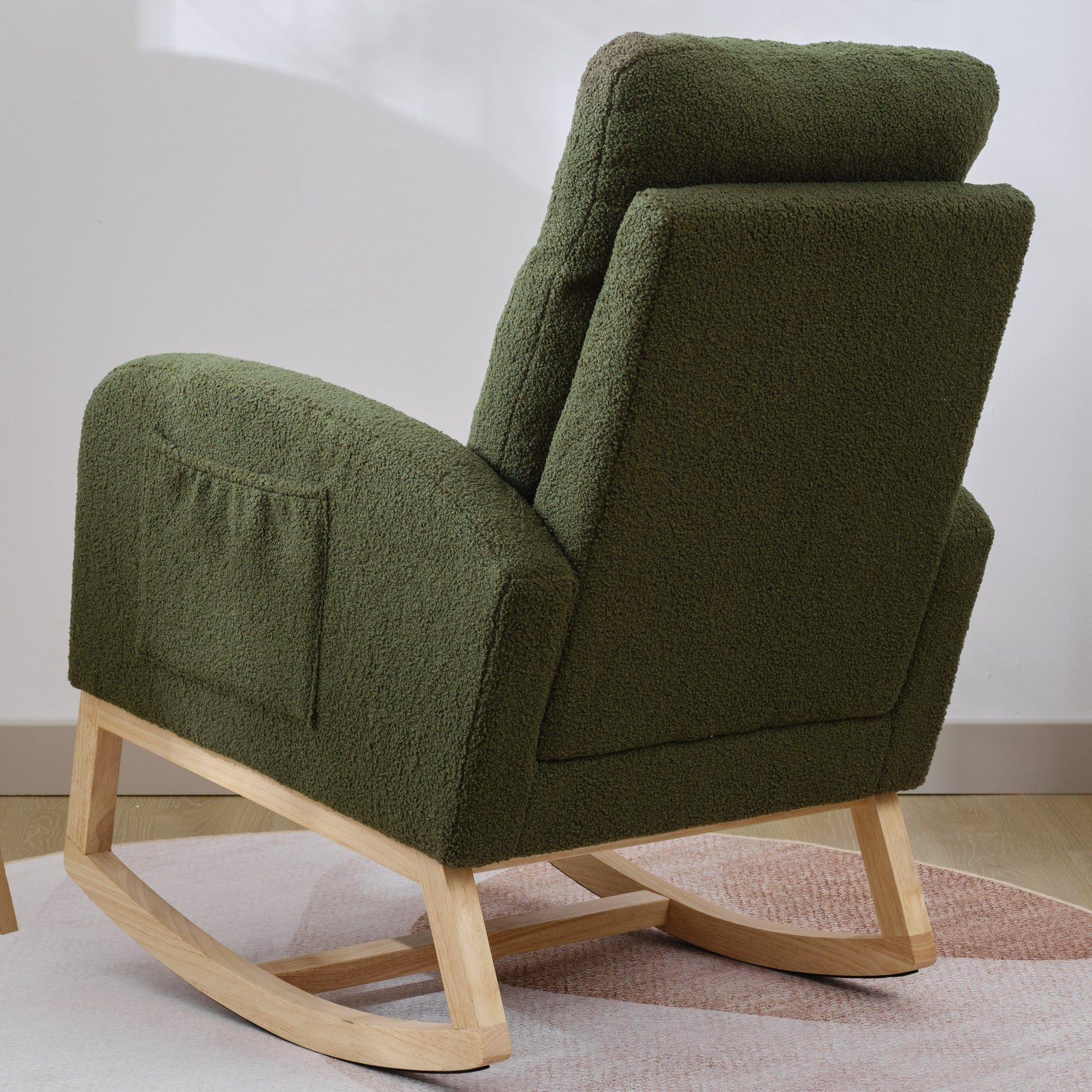 Modern Accent Rocking Chair Rocking Chair with Solid Wood Legs, Upholstered Nursery Glider Rocker, Comfy Armchair with Side Pocket, Living Room Lounge Arm Chair with High Backrest (Dark green,teddy)