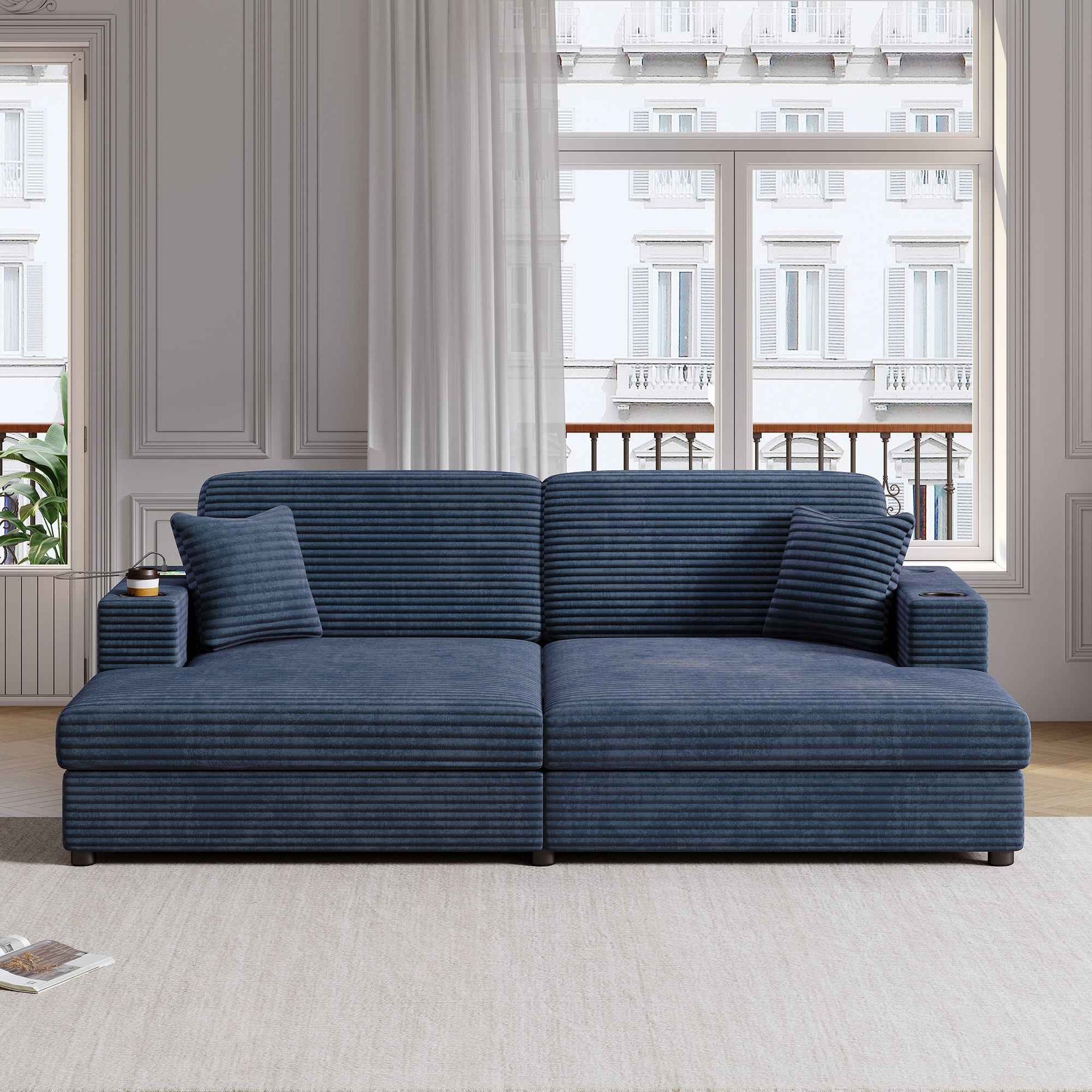 Oversized Loveseat Chaise Lounge Sectional Sofa Bed with USB Ports, Cup Holders, and Throw Pillows, Blue Corduroy