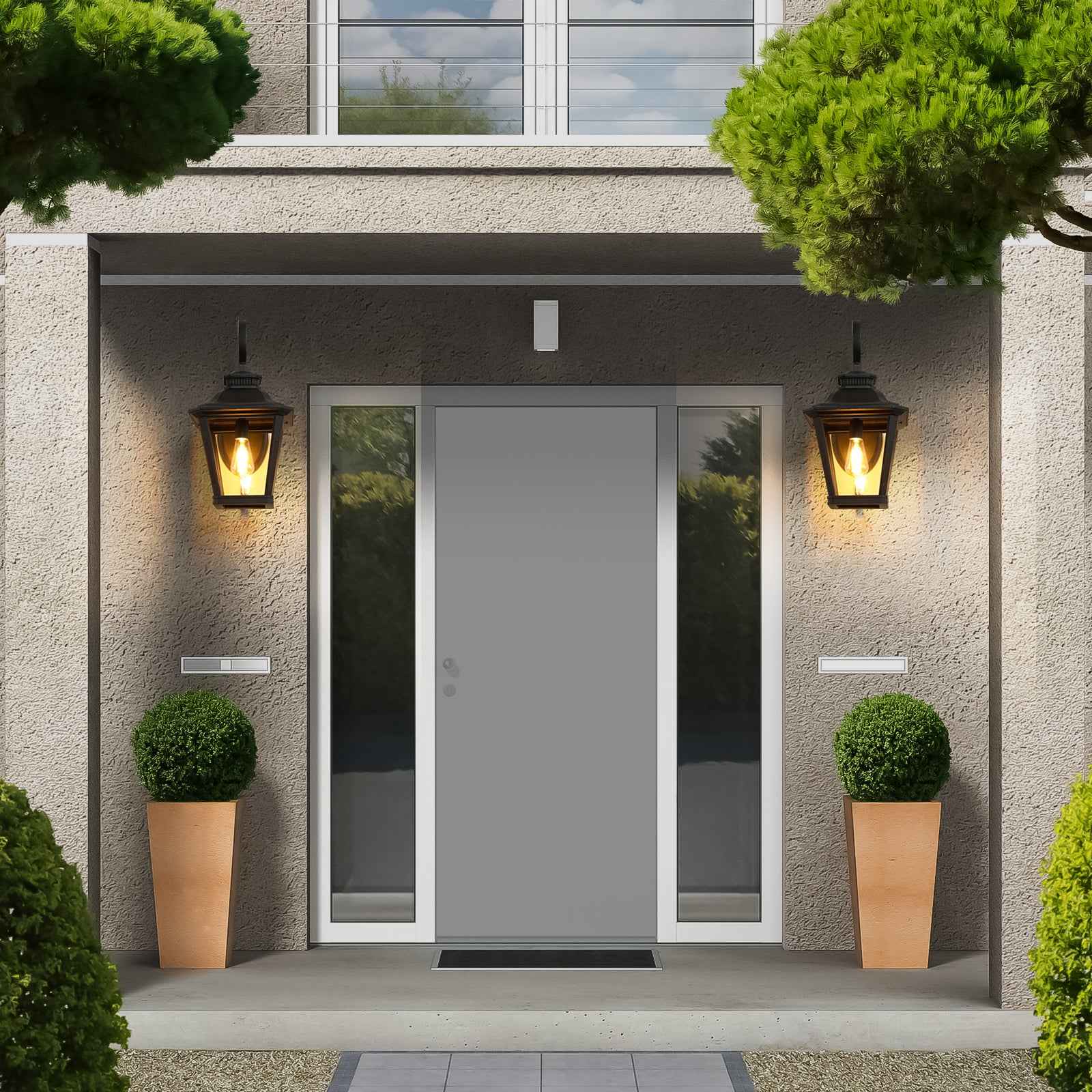 21'(H) 1-Pack Outdoor Wall Lantern Light – Vintage Black Metal & Clear Glass Sconce with Decorative Scroll Design for Porch, Patio, and Garden Lighting (Bulb Not Included)