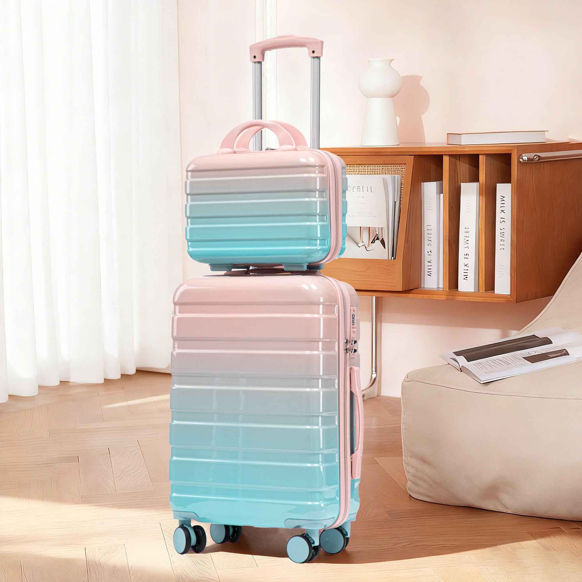14'/20' 2 pcs/set in PC Spinner Wheel Luggage, Carry on Suitcase, With Gradient Color and Combination Lock(Blue+Pink)