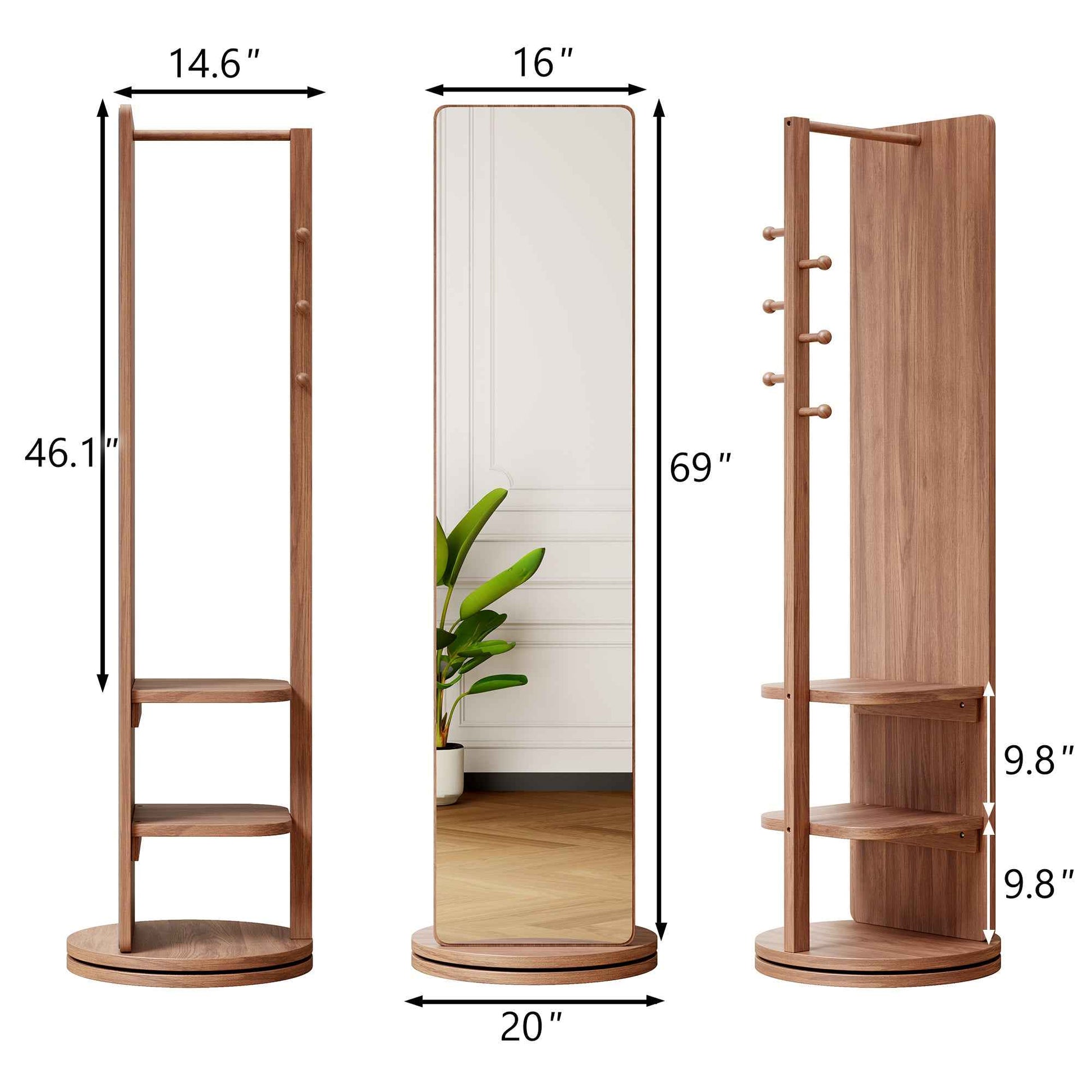 360° Rotating 69'x20' Multifunctional Full Length Mirror with Hook Storage Rack Coat Rack with Mirror Solid Wood Floor Mirror Bedroom Living Room Cloakroom Space Saving (walnut)