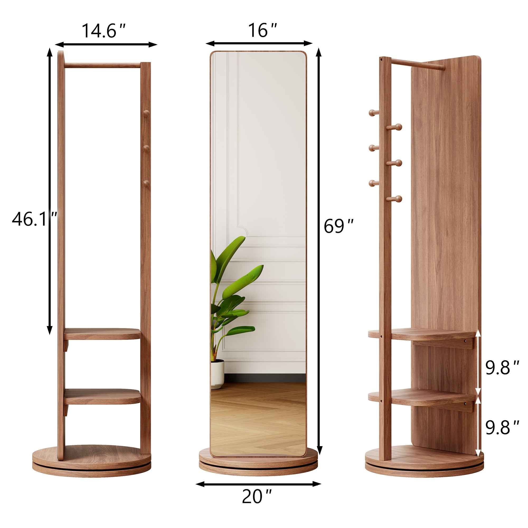 360° Rotating 69'x20' Multifunctional Full Length Mirror with Hook Storage Rack Coat Rack with Mirror Solid Wood Floor Mirror Bedroom Living Room Cloakroom Space Saving (walnut)