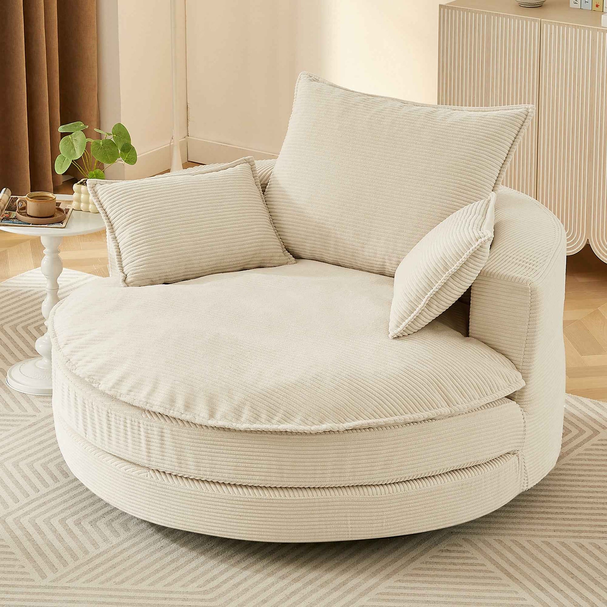 Accent Barrel Chair 360° Swivel Sofa Chair with Dual-layer Cushion and 3 Removable Pillows, Beige Corduroy, 57.5'