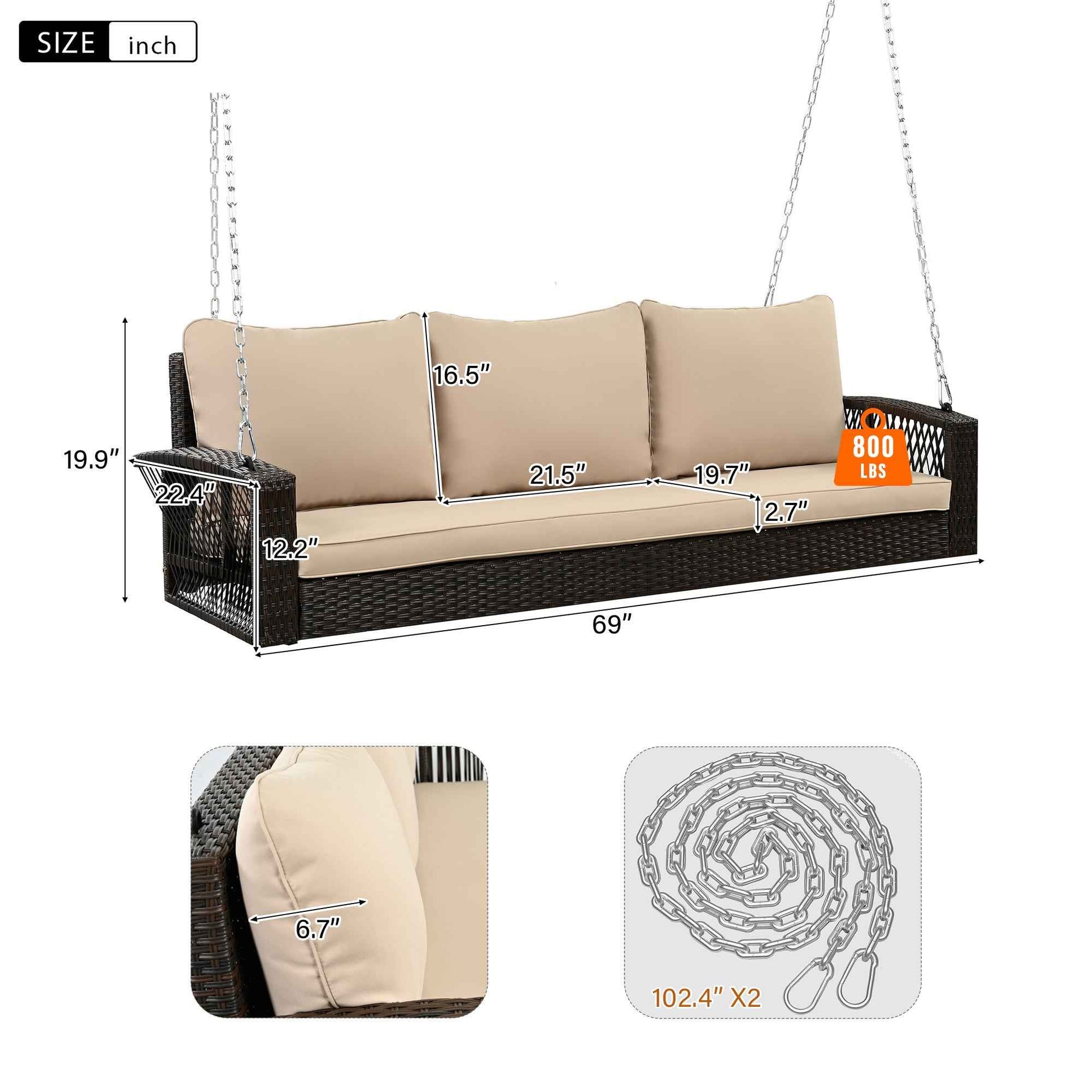 GO 69' PE Wicker 3-Person Porch Swing with Chains, Large Patio Swing Bench with Cushions for Backyard, Garden, and Poolside, Brown