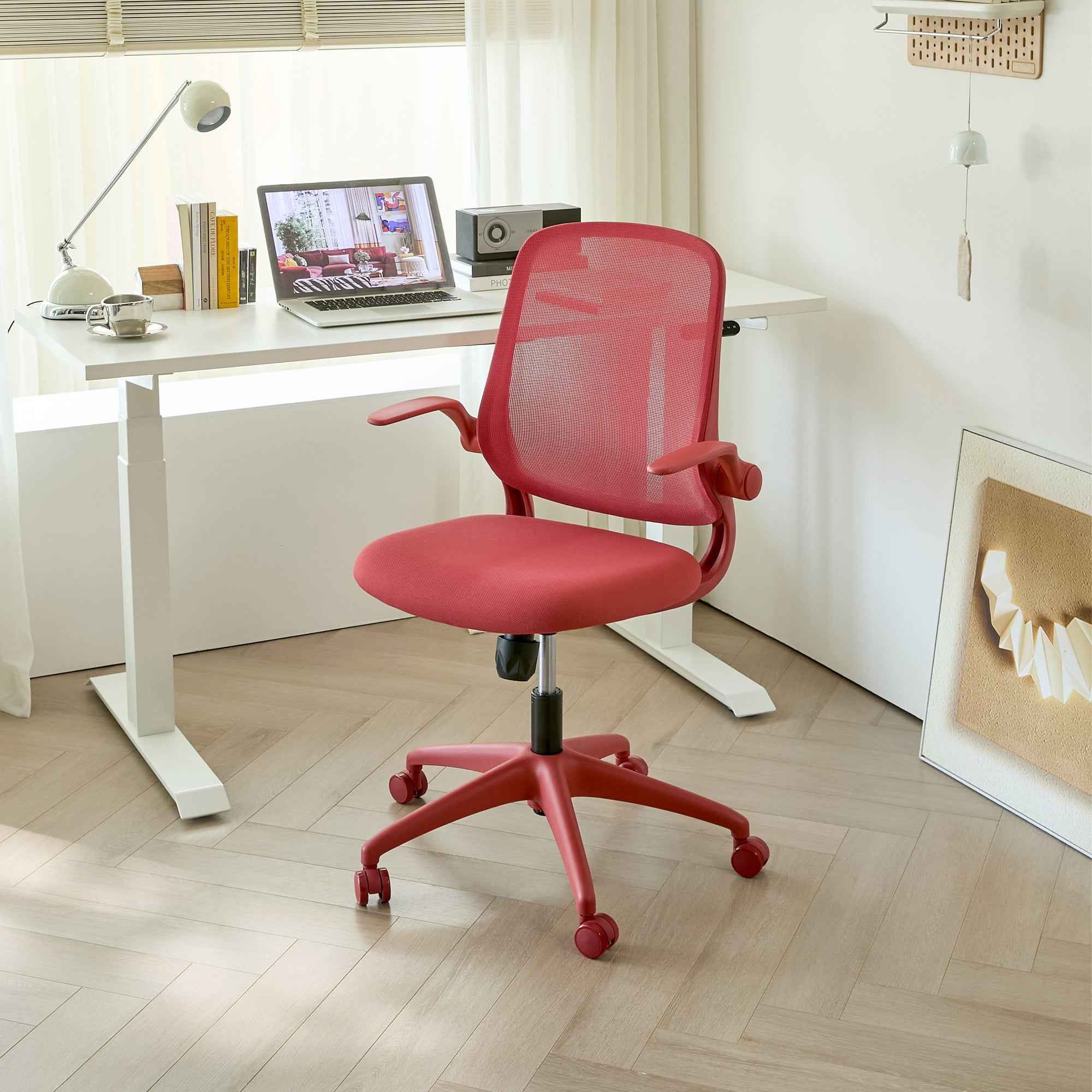 Ergonomic Color Office Chair 350LBS, Home Office, Mesh Back, Integrated Molded Foam, Comfortable Sitting, Flipping Armrest, Fireproof, Rotating, Lifting Multifunctional Chair (Red)