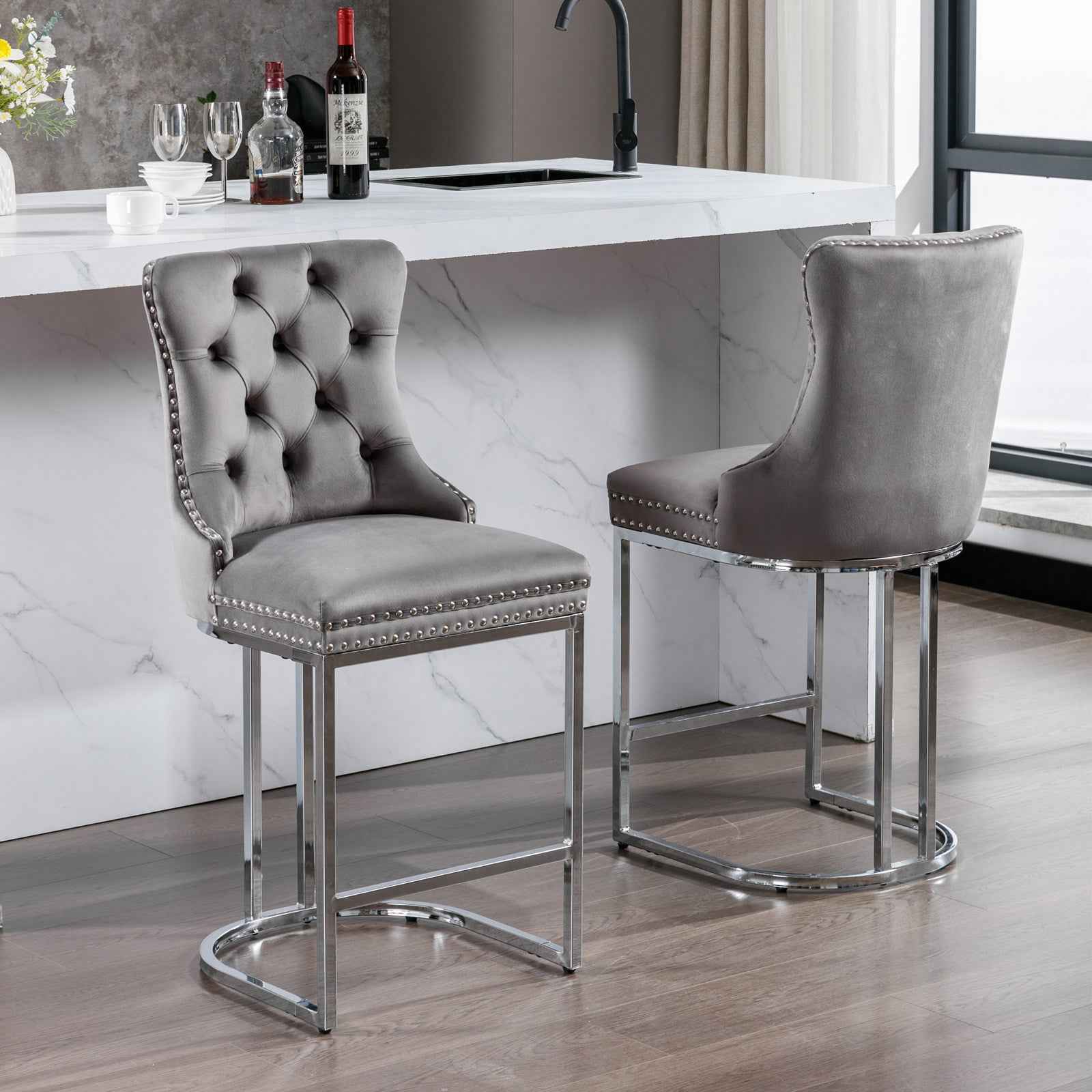 26' Counter Height Bar Stools Set of 2, Modern Velvet Barstools with Button Back&Rivet Trim Upholstered Kitchen Island Chairs with Sturdy Chromed Metal Base Legs Farmhouse Bar Stools, (Gray,2 Pack)