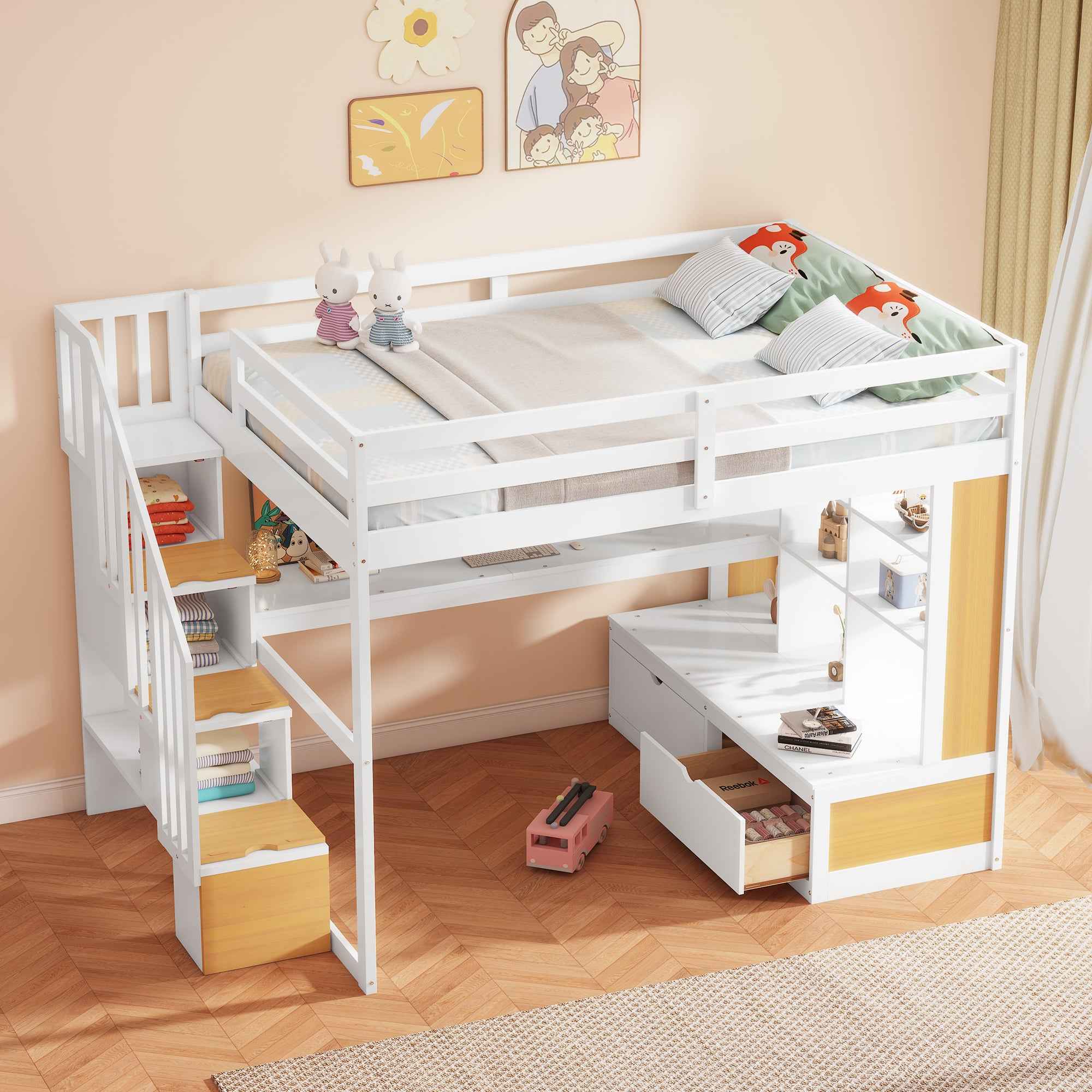 Full Size Loft Bed with Desk and Shelves, Two Built-in Drawers, Storage Staircase in White and Natural Finish, Solid Pine Wood and MDF Construction