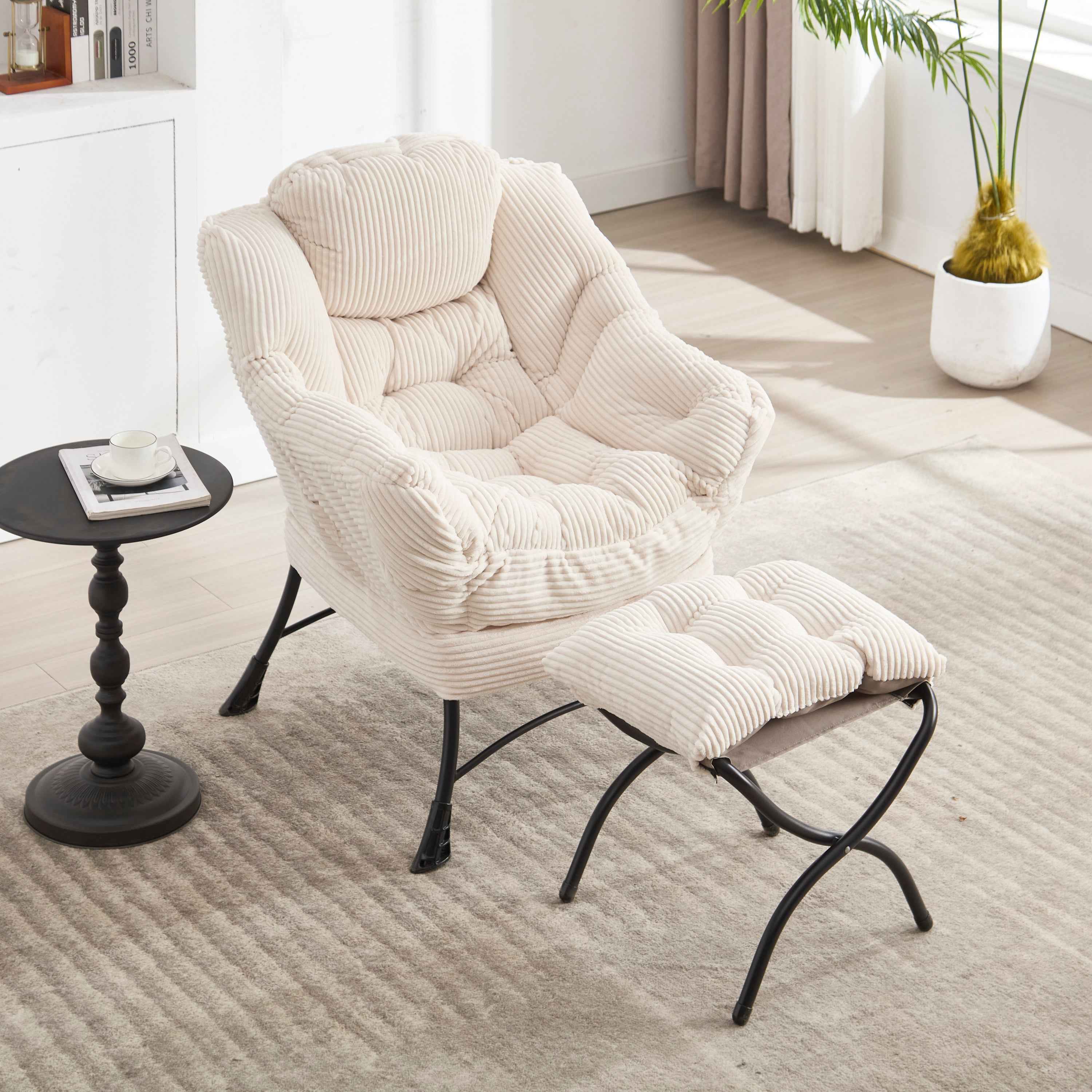 Lazy Chair with Ottoman, Modern Lounge Accent Chair with Armrests and a Side Pocket, Leisure Upholstered Sofa Chair Reading Chair with Footrest for Small Space, Corner Chair-White