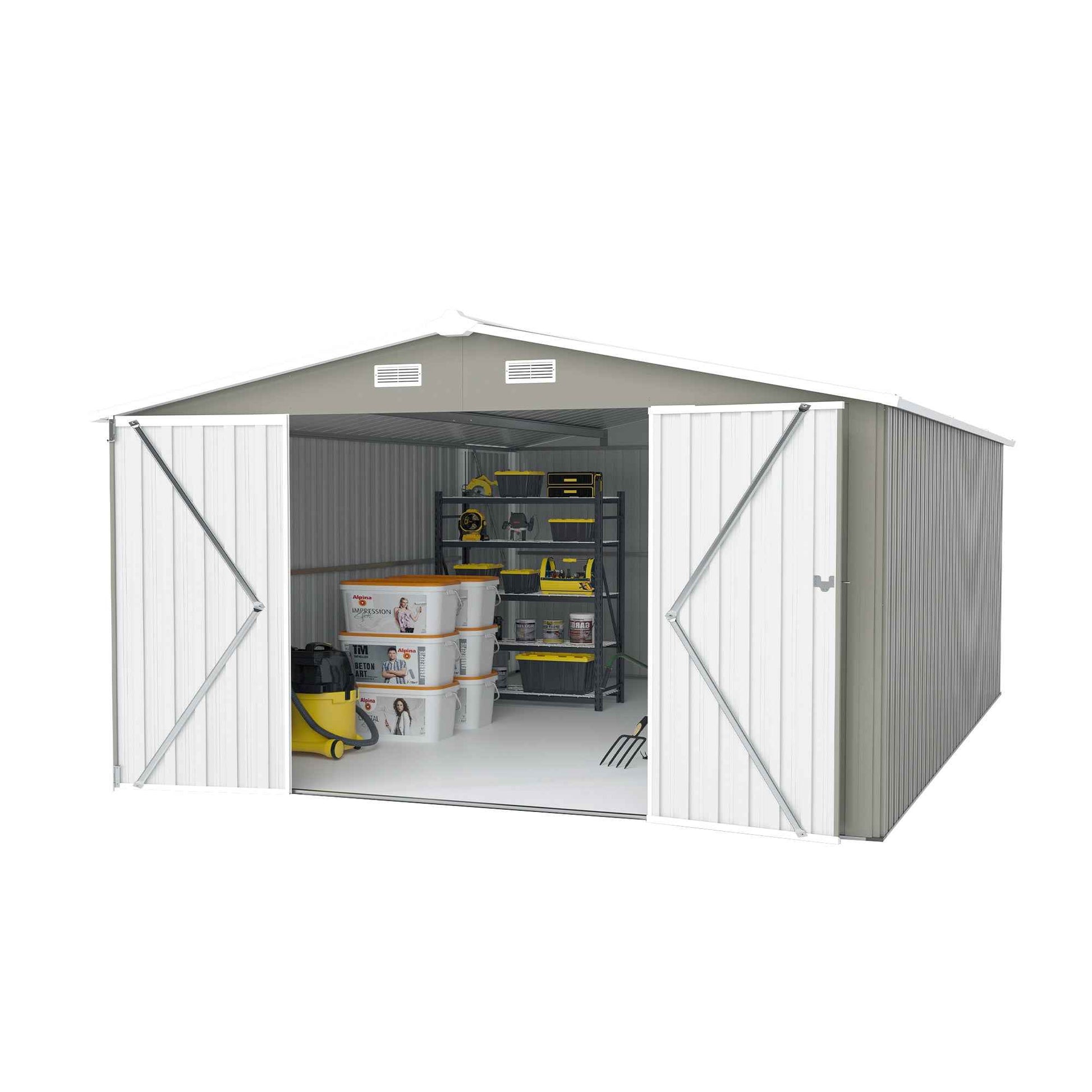 Campcraft  Outdoor Storage Shed 10×14 FT with 3 Lockable Doors,4 Air Vents & Sloped Roof,Utility Tool Shed Metal Storage Garden Sheds  Frame and 4 Vents,for Backyard,Patio,Lawn,Light Grey
