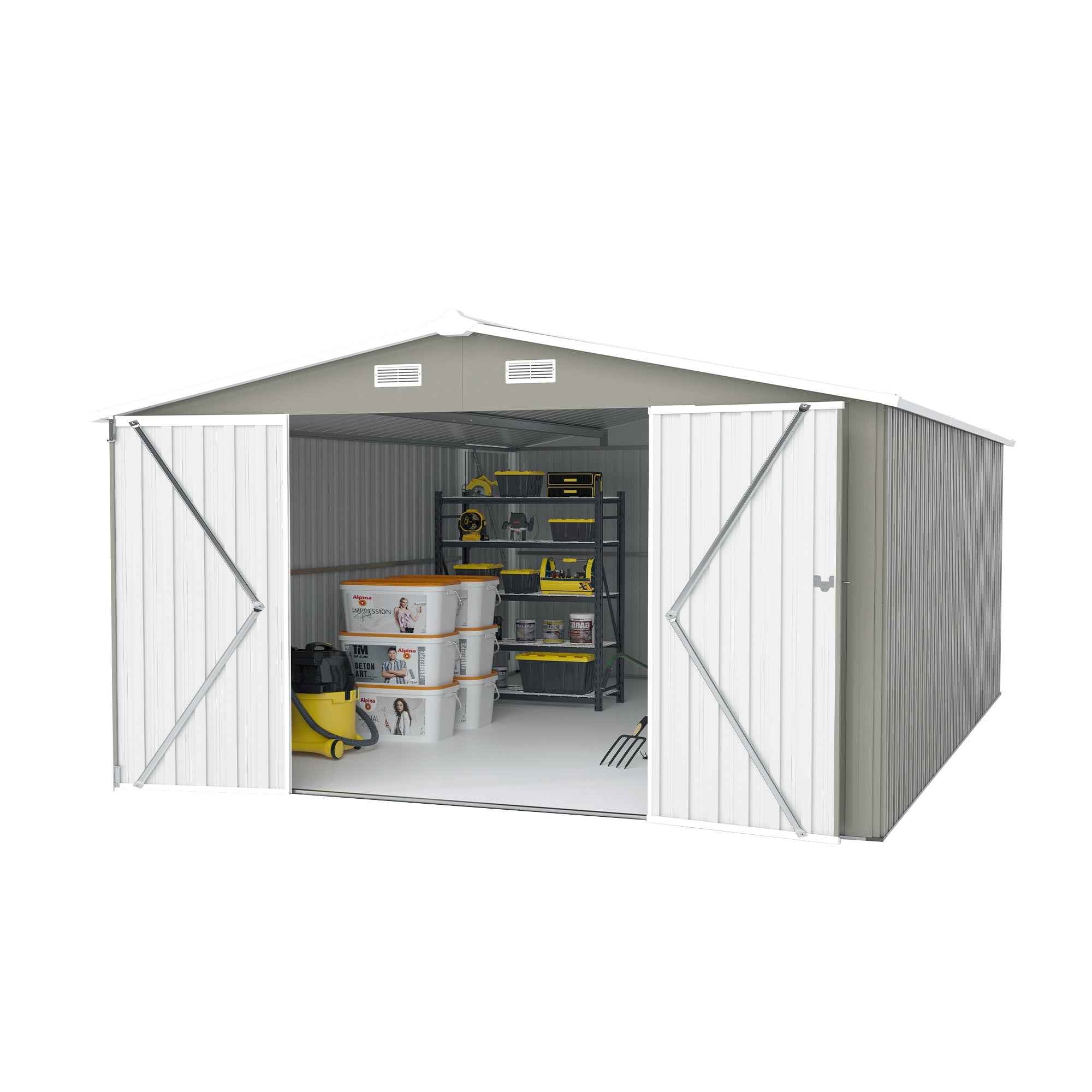 Campcraft  Outdoor Storage Shed 10×14 FT with 3 Lockable Doors,4 Air Vents & Sloped Roof,Utility Tool Shed Metal Storage Garden Sheds  Frame and 4 Vents,for Backyard,Patio,Lawn,Light Grey